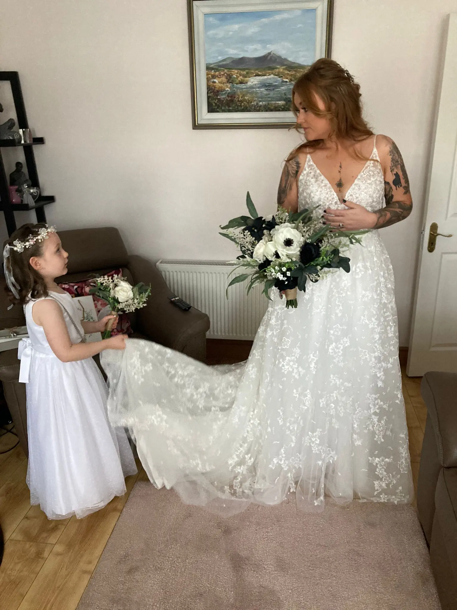 Flower Girl with Real Bride in Floral A-Line Wedding Dress with Soft, Dreamy Layers Called Lorenza by Maggie Sottero
