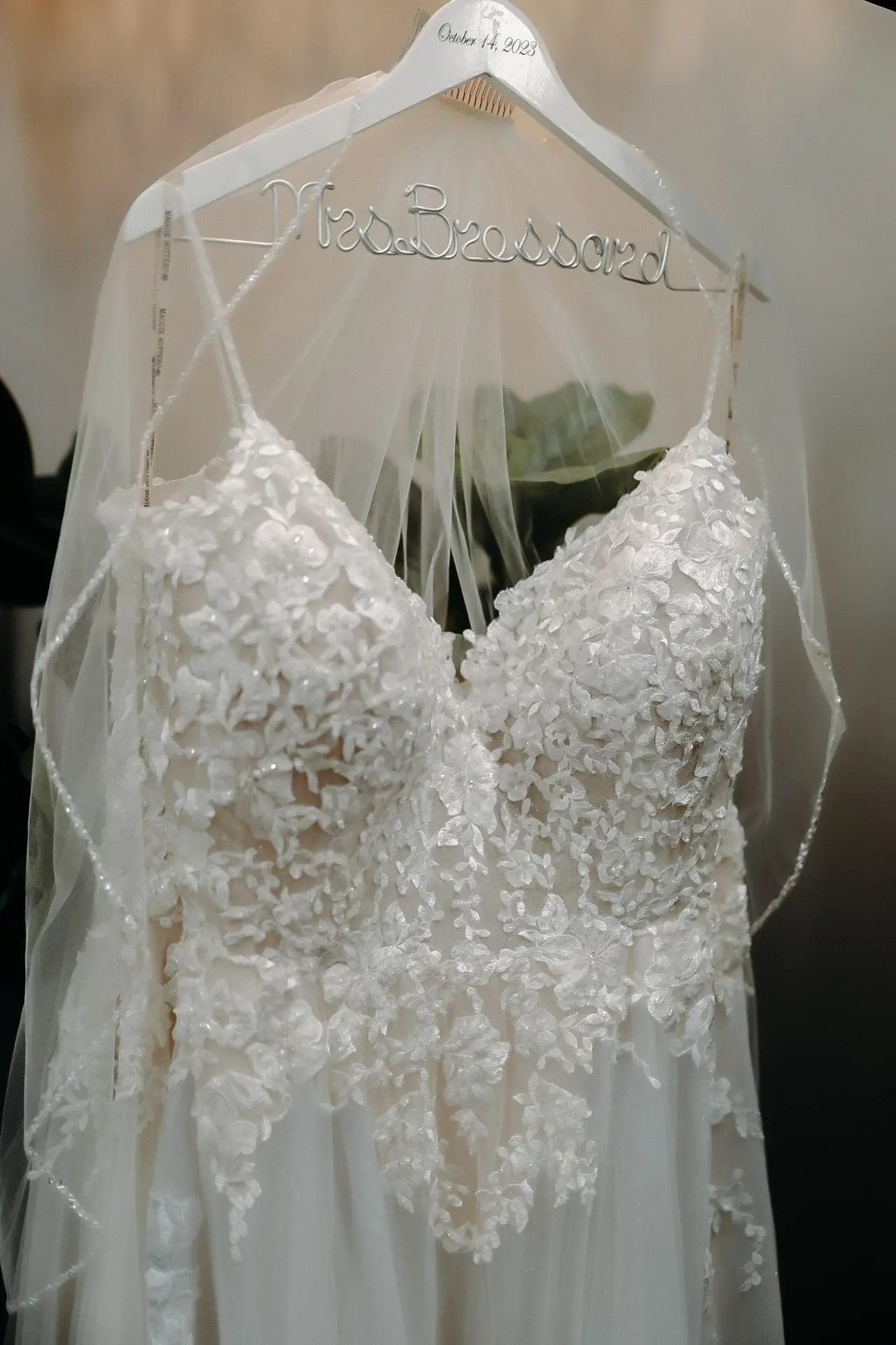 Pia wedding dress by Maggie Sottero hung up
