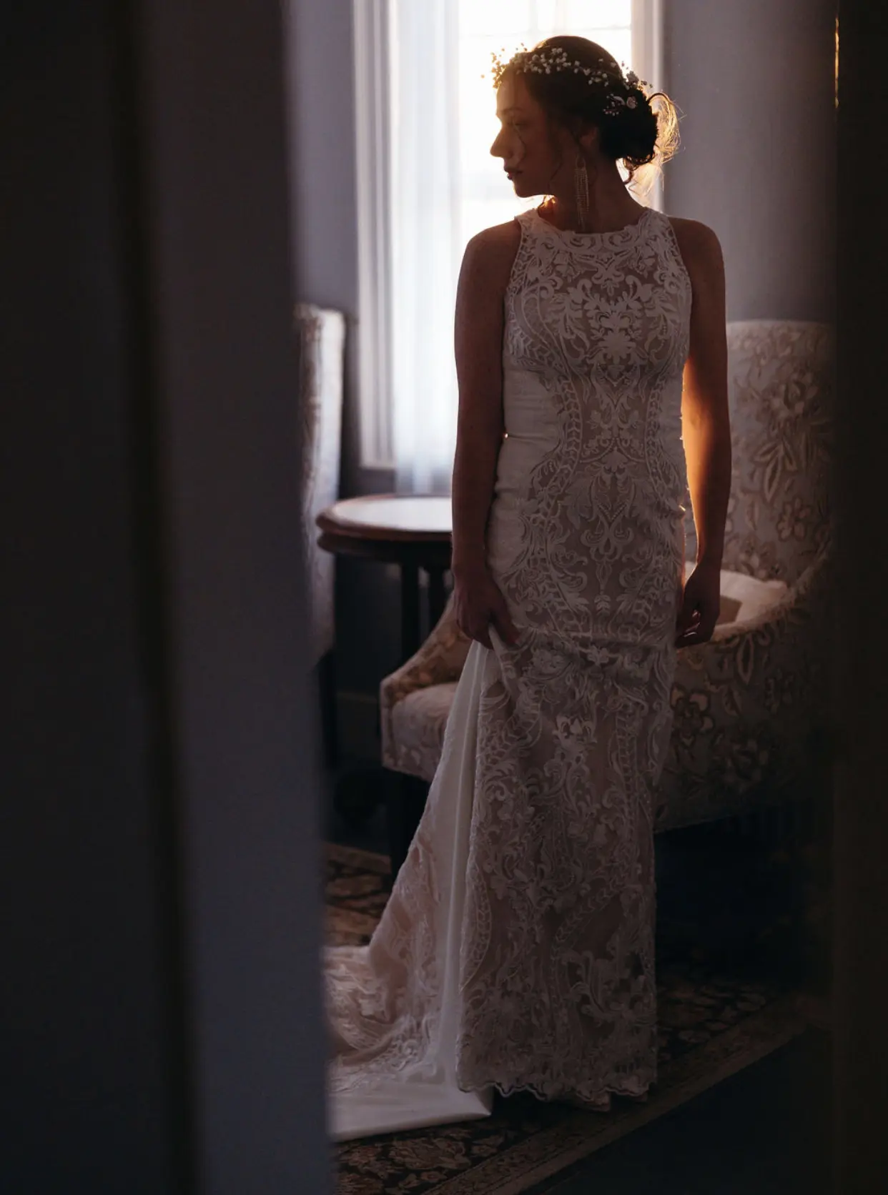 Bride Wearing Lace Halter Wedding Gown Called Kevyn By Sottero And Midgley