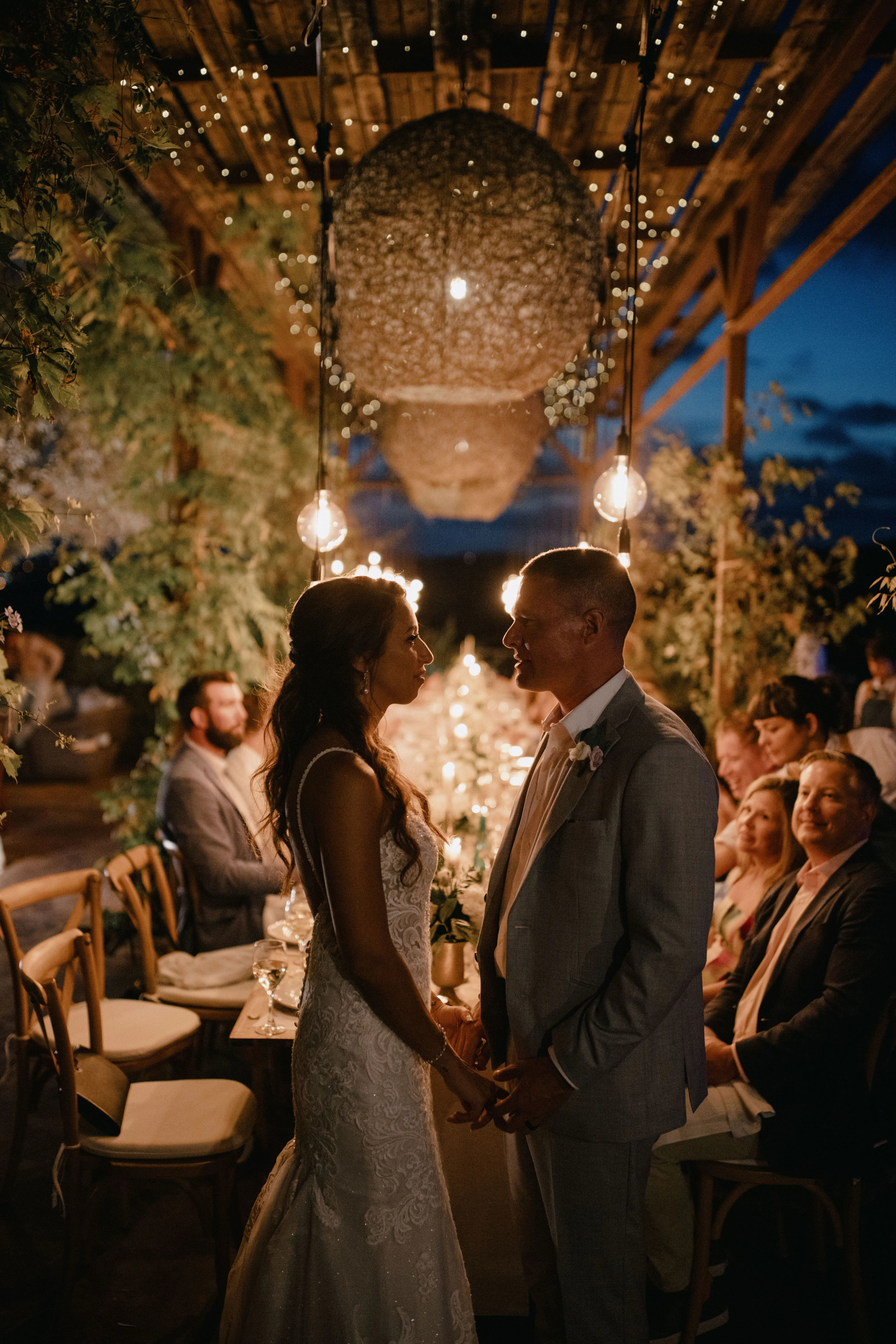 Groom with Bride in Sparkly Lace Fit-and-Flare Bridal Dress Called Fiona by Maggie Sottero