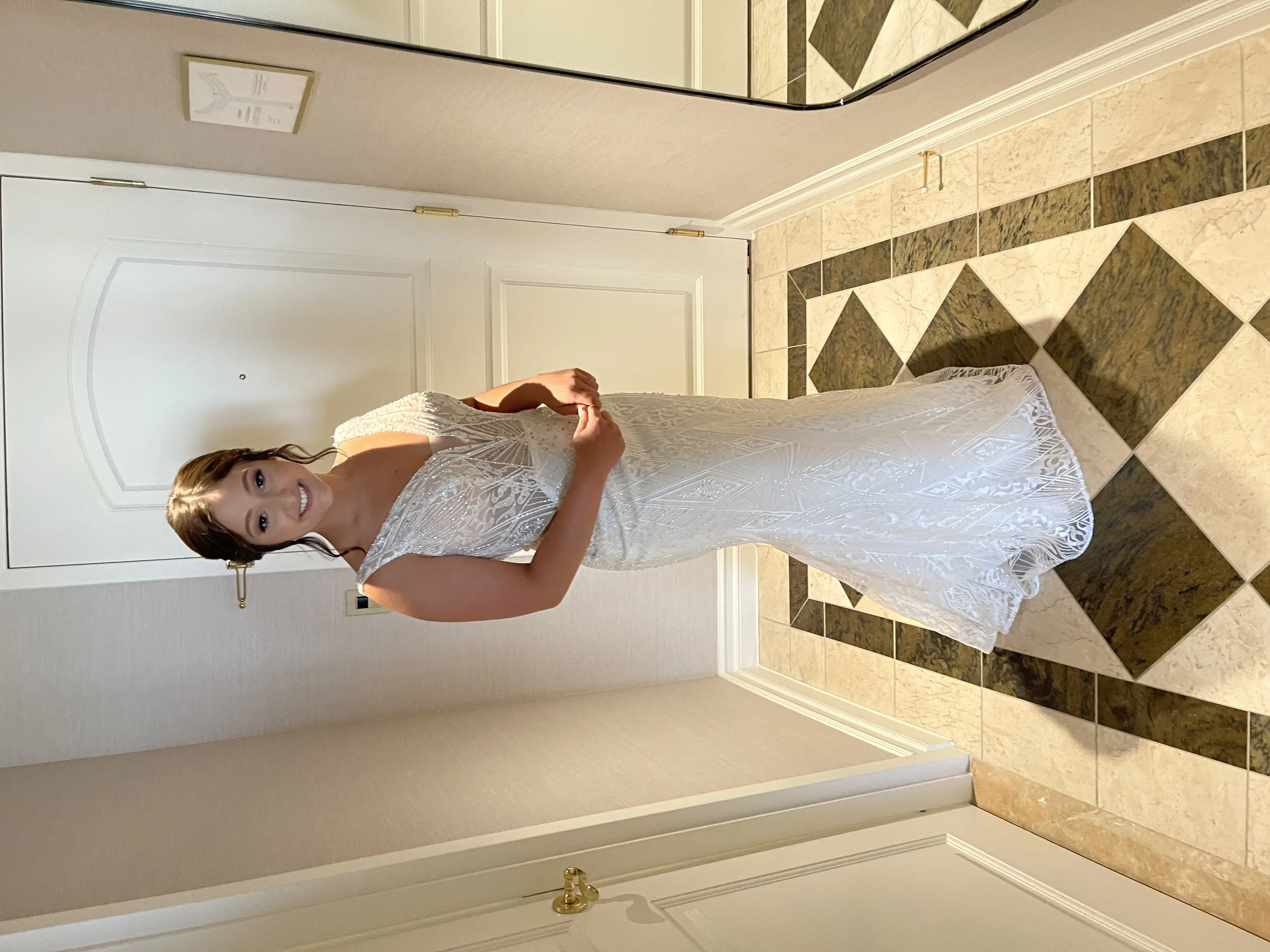 Bride Wearing Art Deco Wedding Dress Elaine By Maggie Sottero
