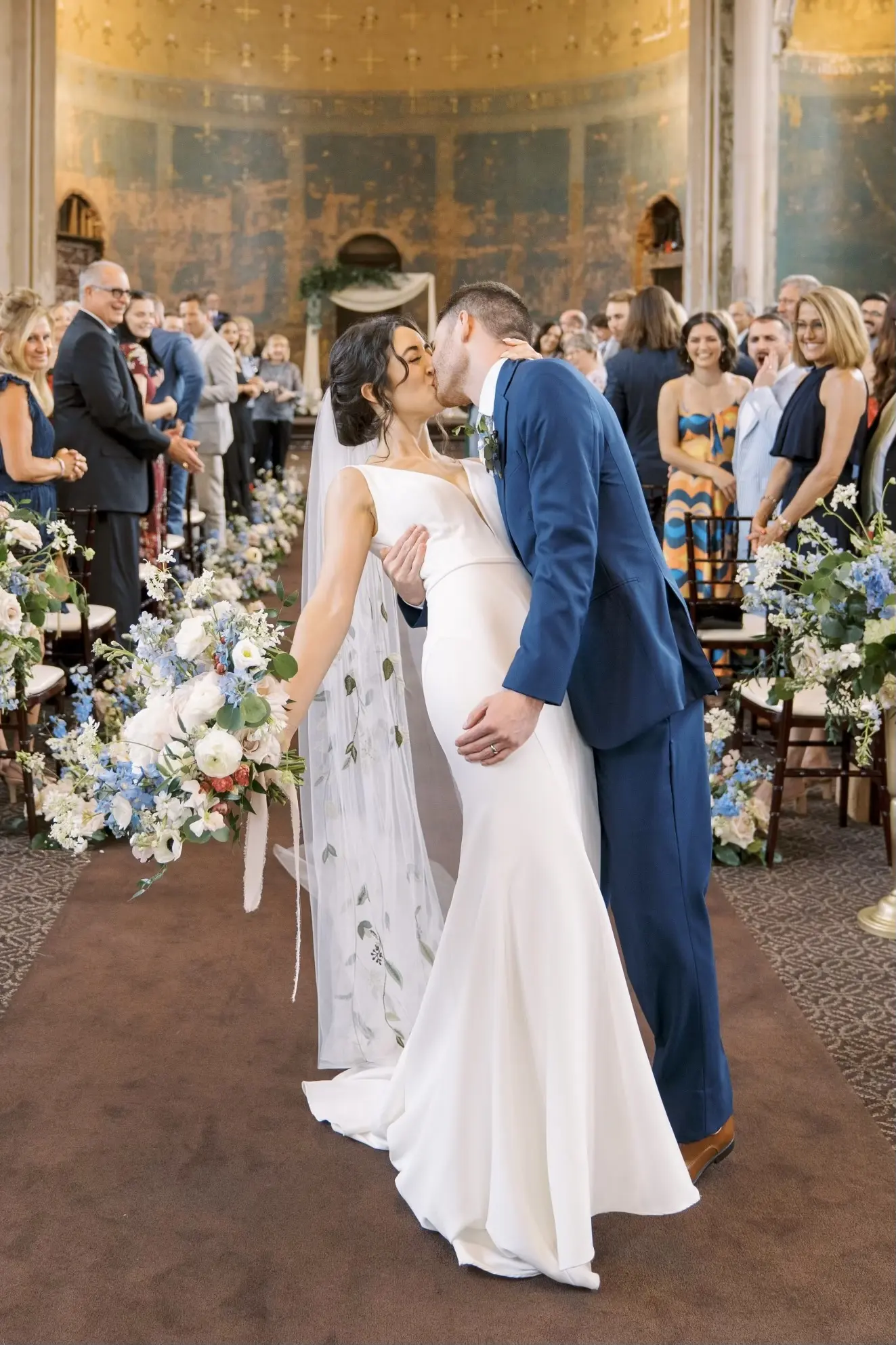 Bride In Simple Crepe V-neck Theodora Rebecca Ingram With Groom