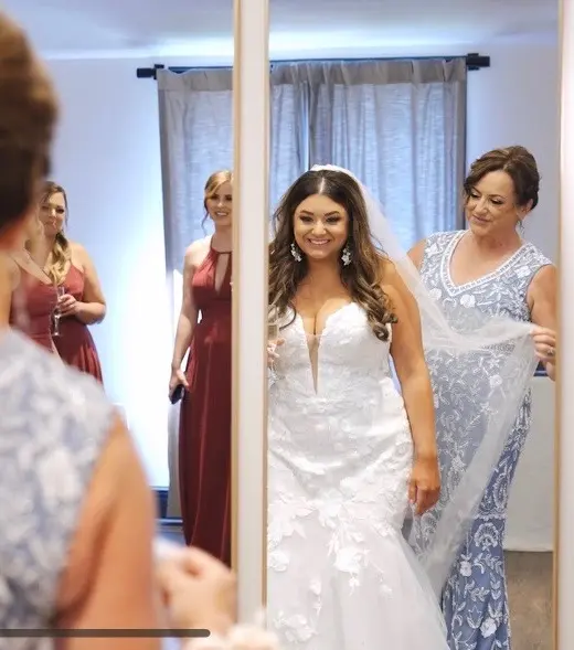 Real Bride in Strapless Mermaid Gown with Oversized Lace Called Hattie by Rebecca Ingram