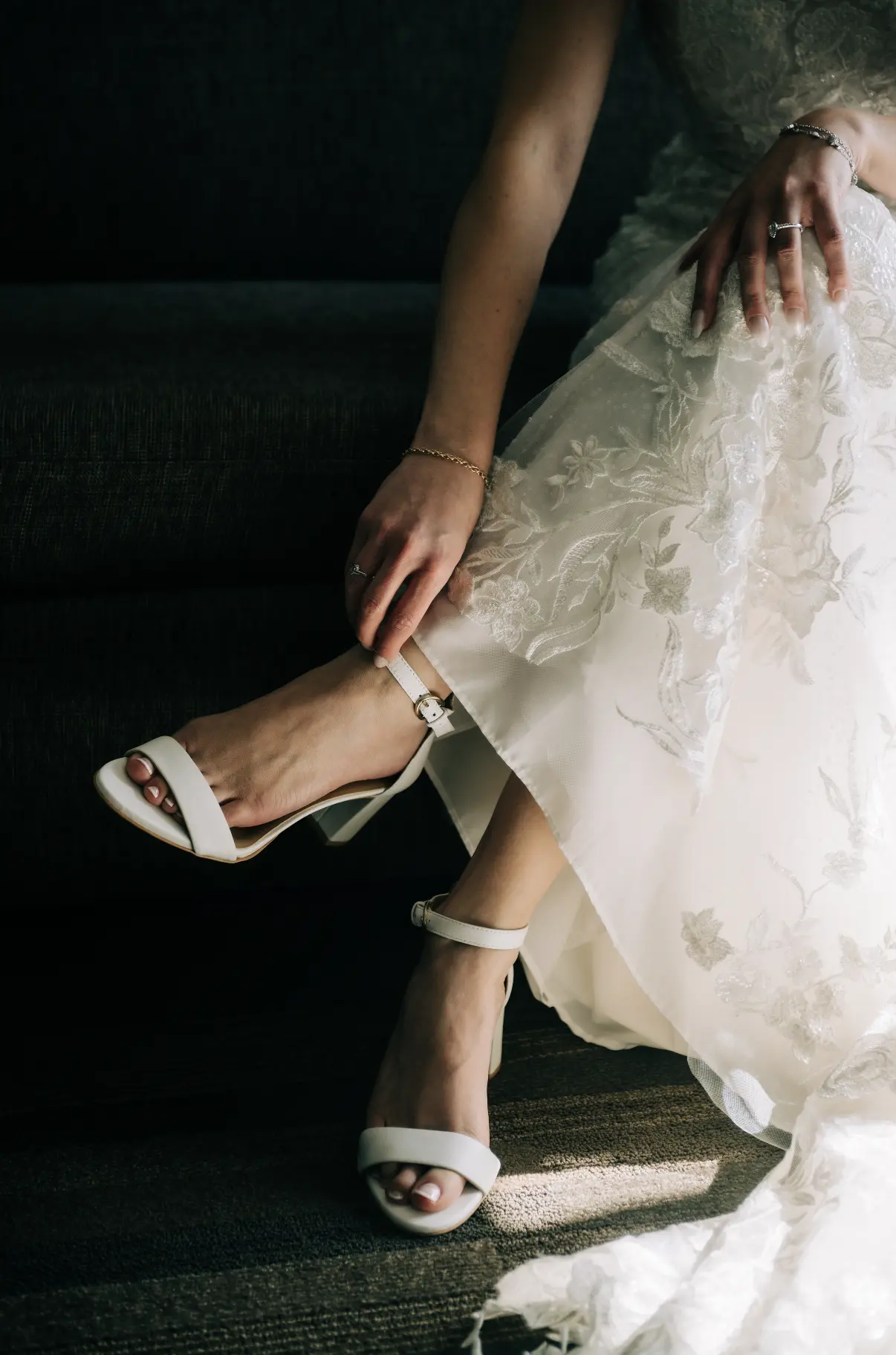 Bride Wearing Nature Lace Wedding Dress Called Albany By Maggie Sottero Putting On Her Shoes