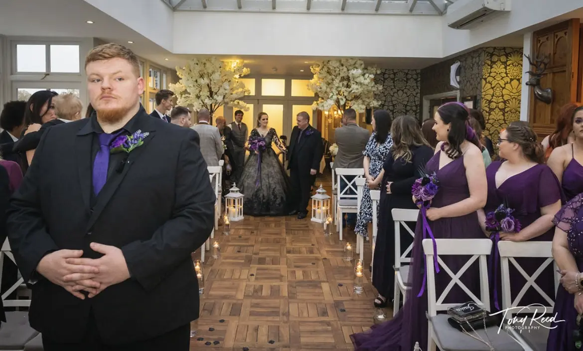 Groom Waiting At Alter For Bride In A Black Lace Ball Gown Wedding Dress Named Zander By Sottero And Midgley