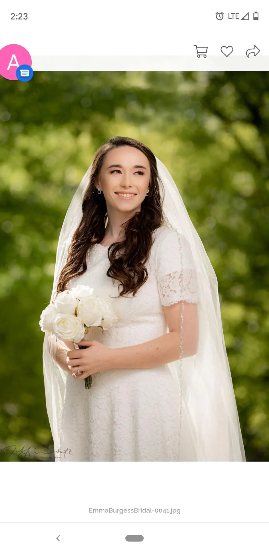 Real Bride wearing modest wedding dress called Prescott by Maggie Sottero.