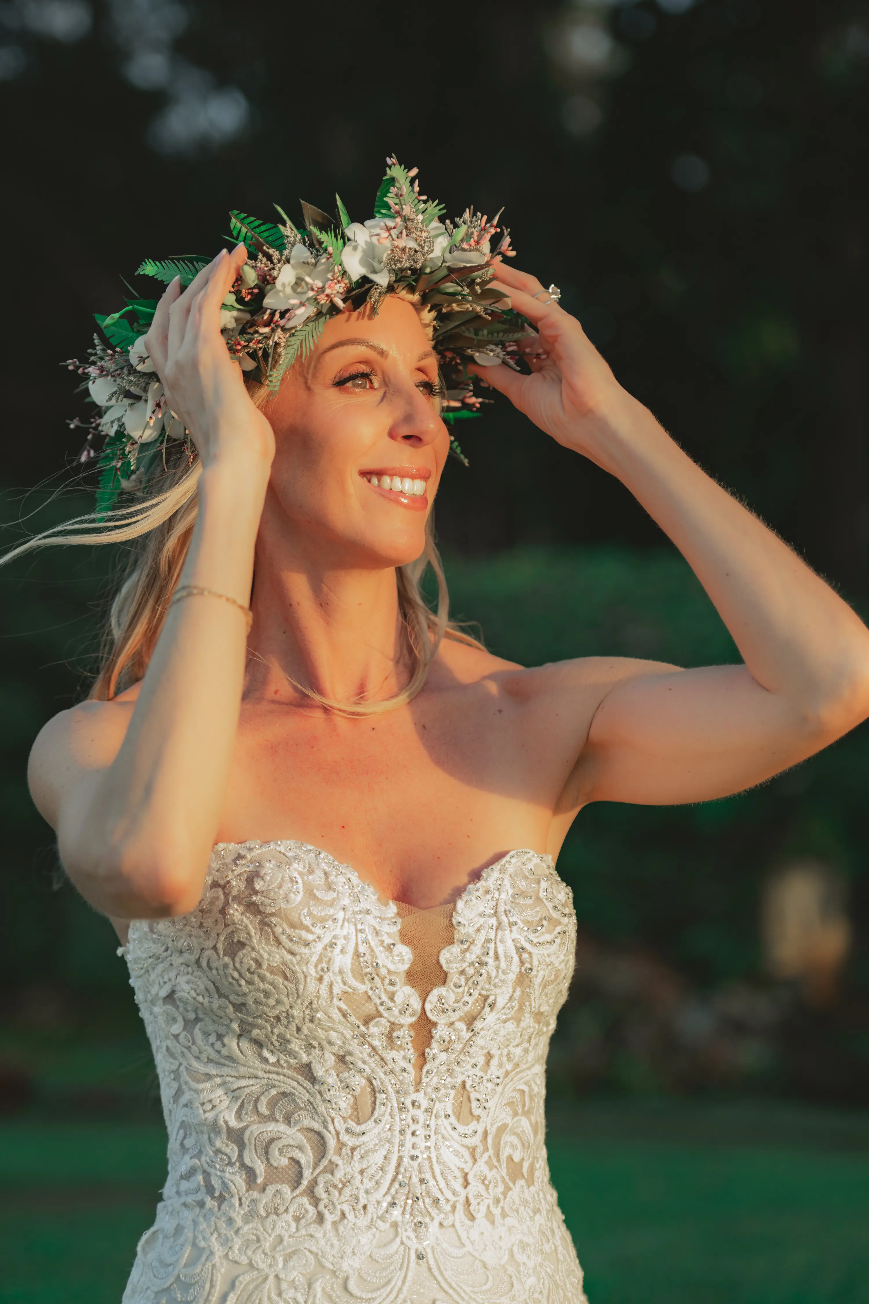 Bride In Beach Fit-And-Flare Wedding Dress Called Fiona By Maggie Sottero With Flower Crown