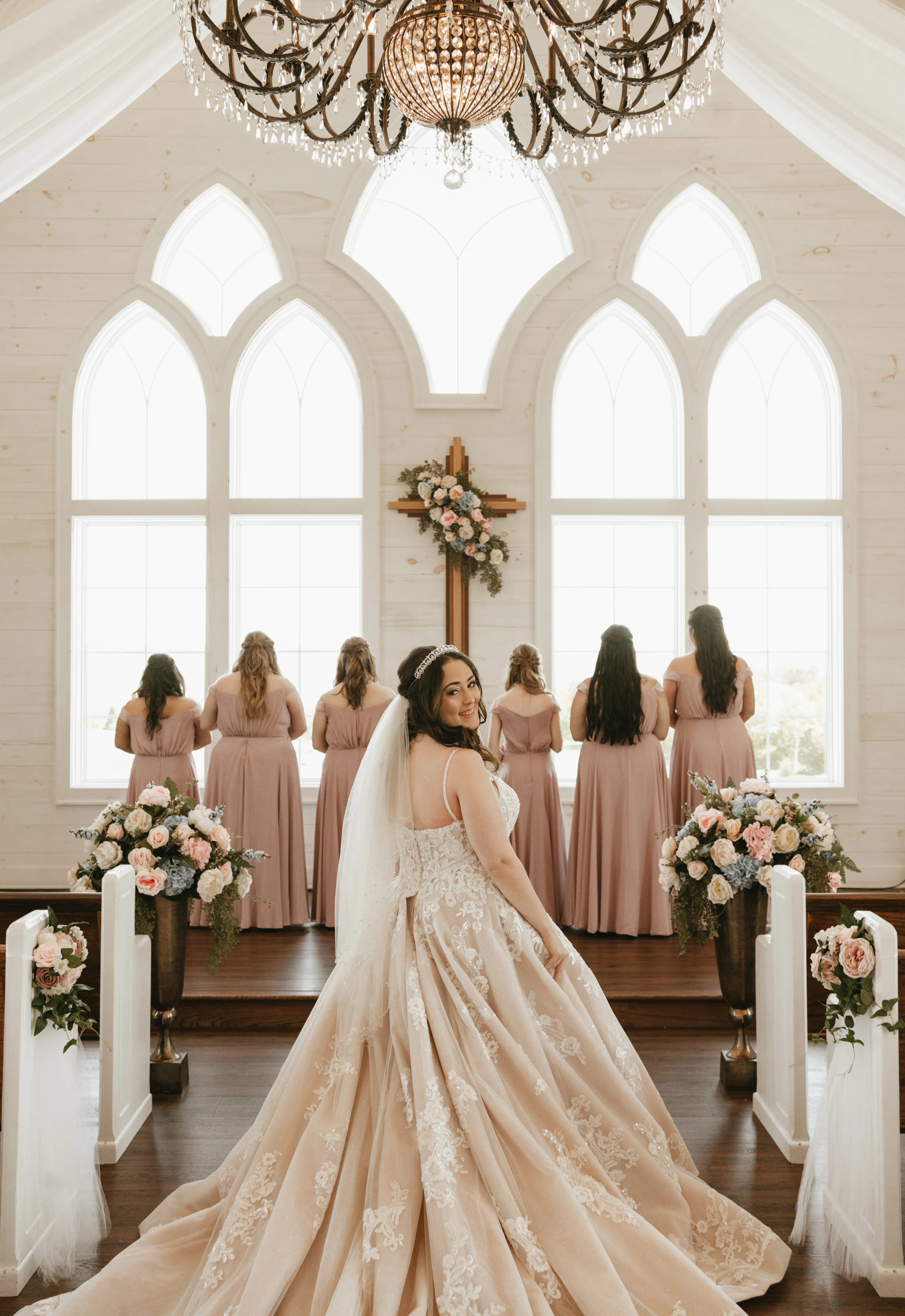 Bride In Ivory Ballgown Norvinia Sottero Midgley With Bridesmaids In Pink