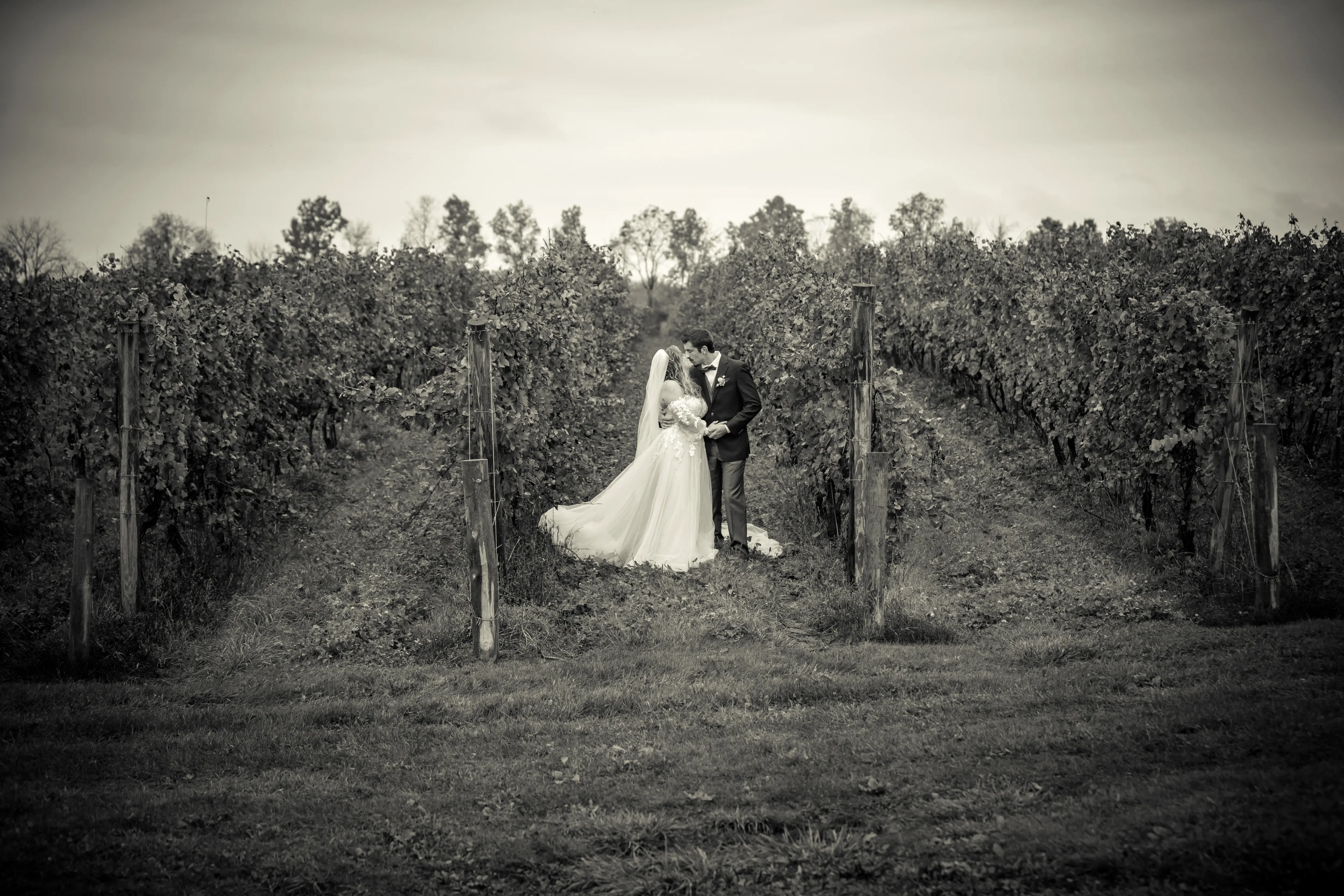 Bride Wearing Boho A-Line Wedding Dress Called Stevie By Maggie Sottero Kissing Groom In The Vineyard