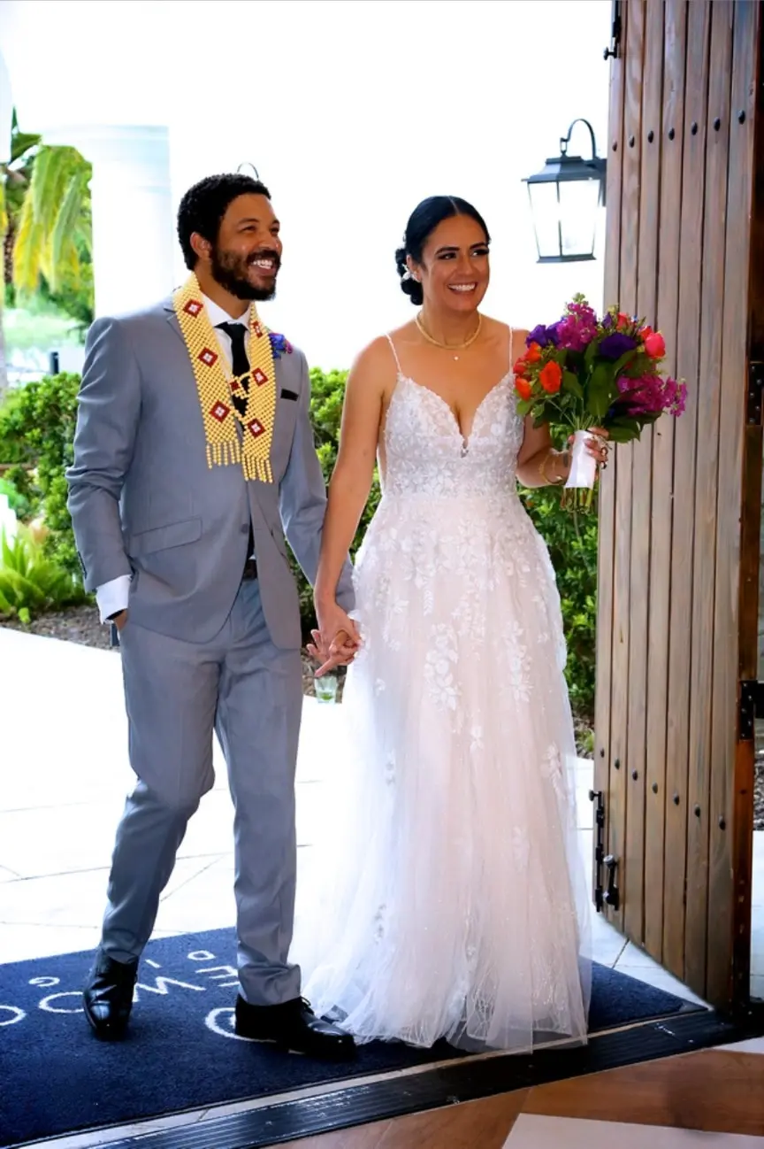 Bride In Floral A-line Laramie Sottero Midgley With Groom