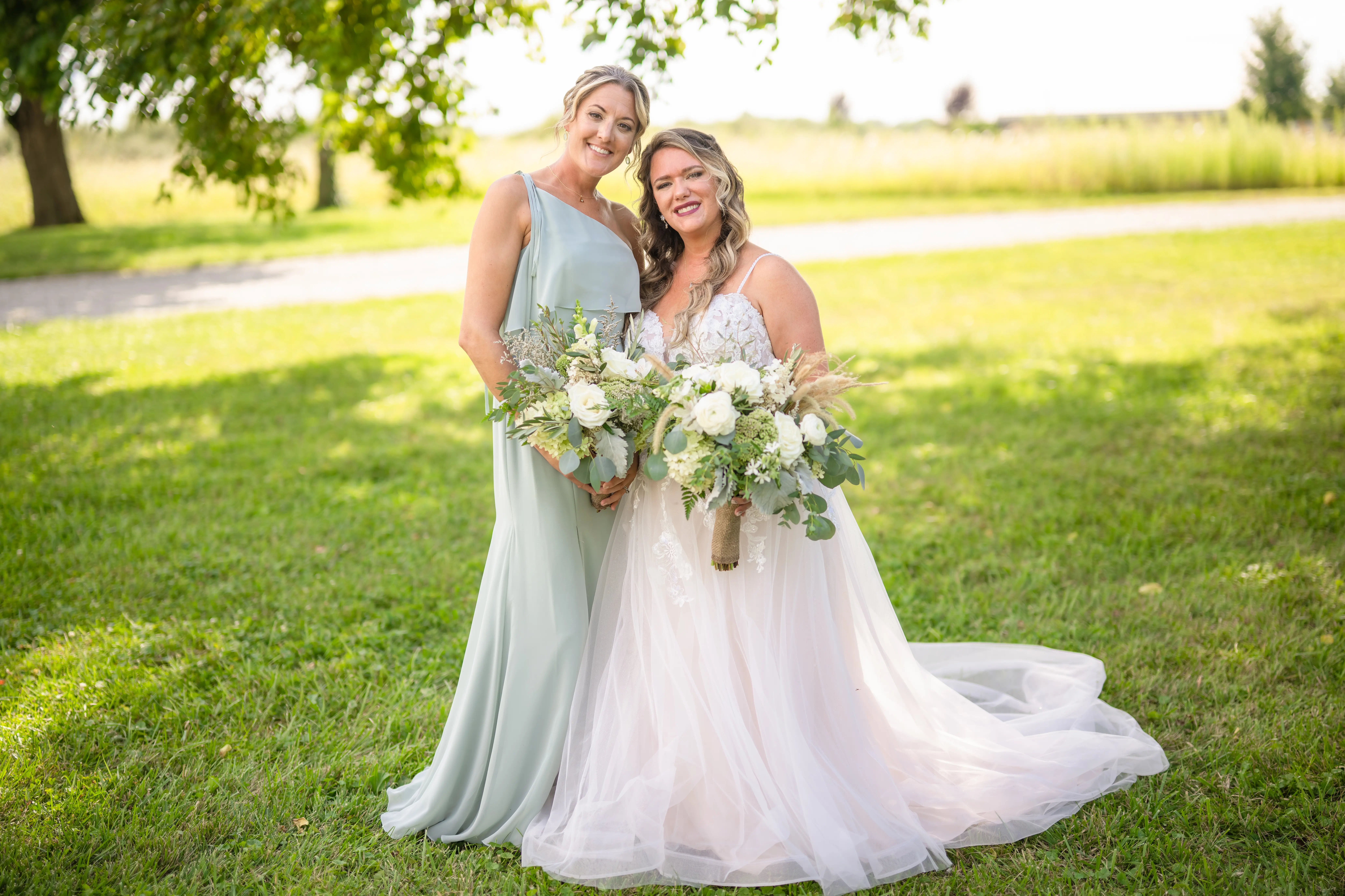 Bride Wearing Lace Princess Wedding Dress Called Stevie By Maggie Sottero With Maid Of Honor