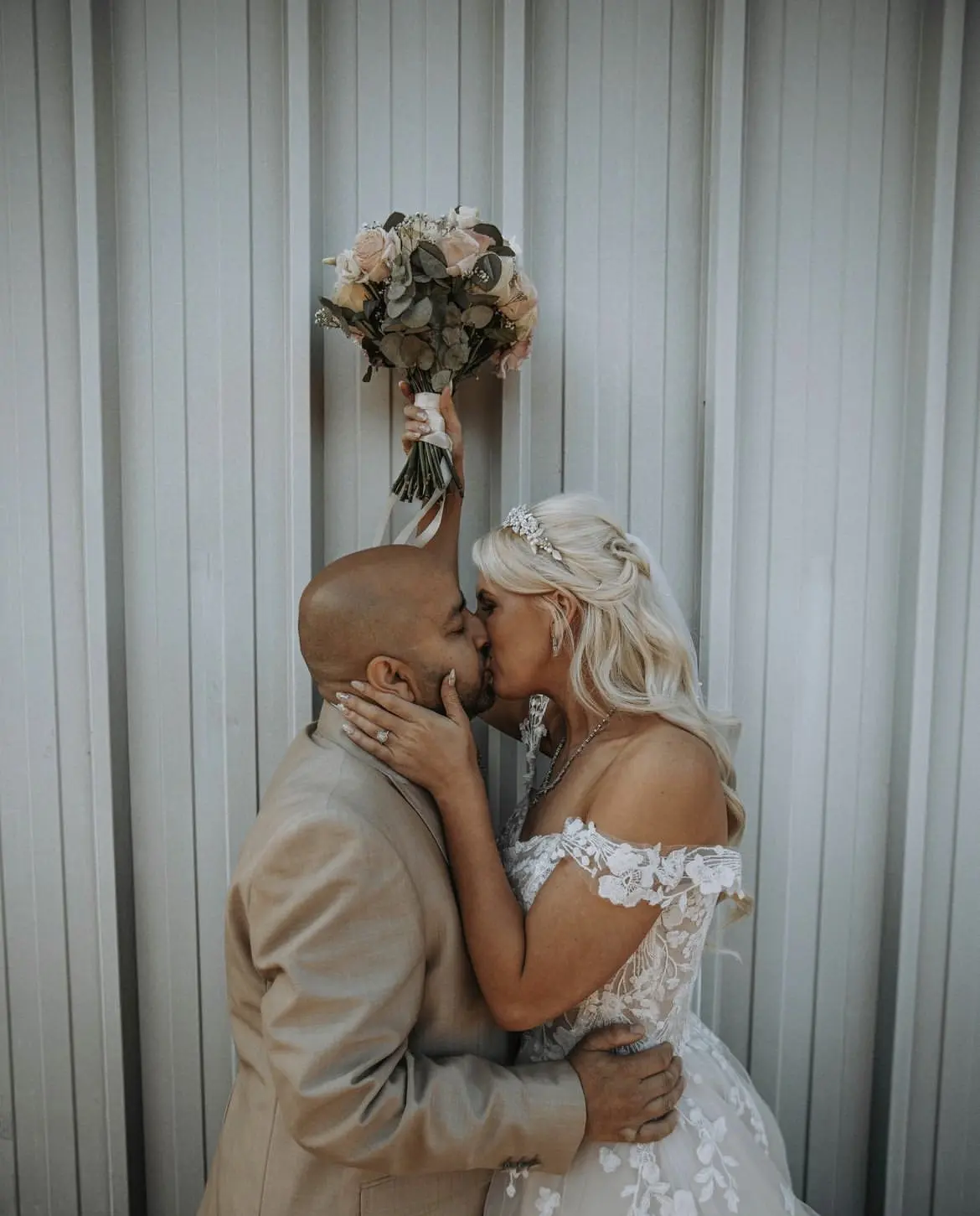 Brides In Off-The-Shoulder A-line Harlem Maggie Sottero With Groom