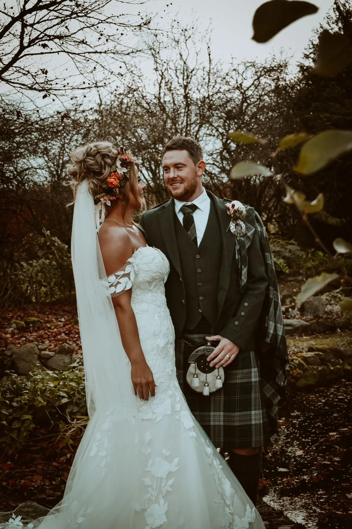Real Bride in Strapless Mermaid Bridal Gown with Oversize Lace Floral Motifs over Sparkle Tulle and Sweetheart Neckline Called Hattie by Rebecca Ingram