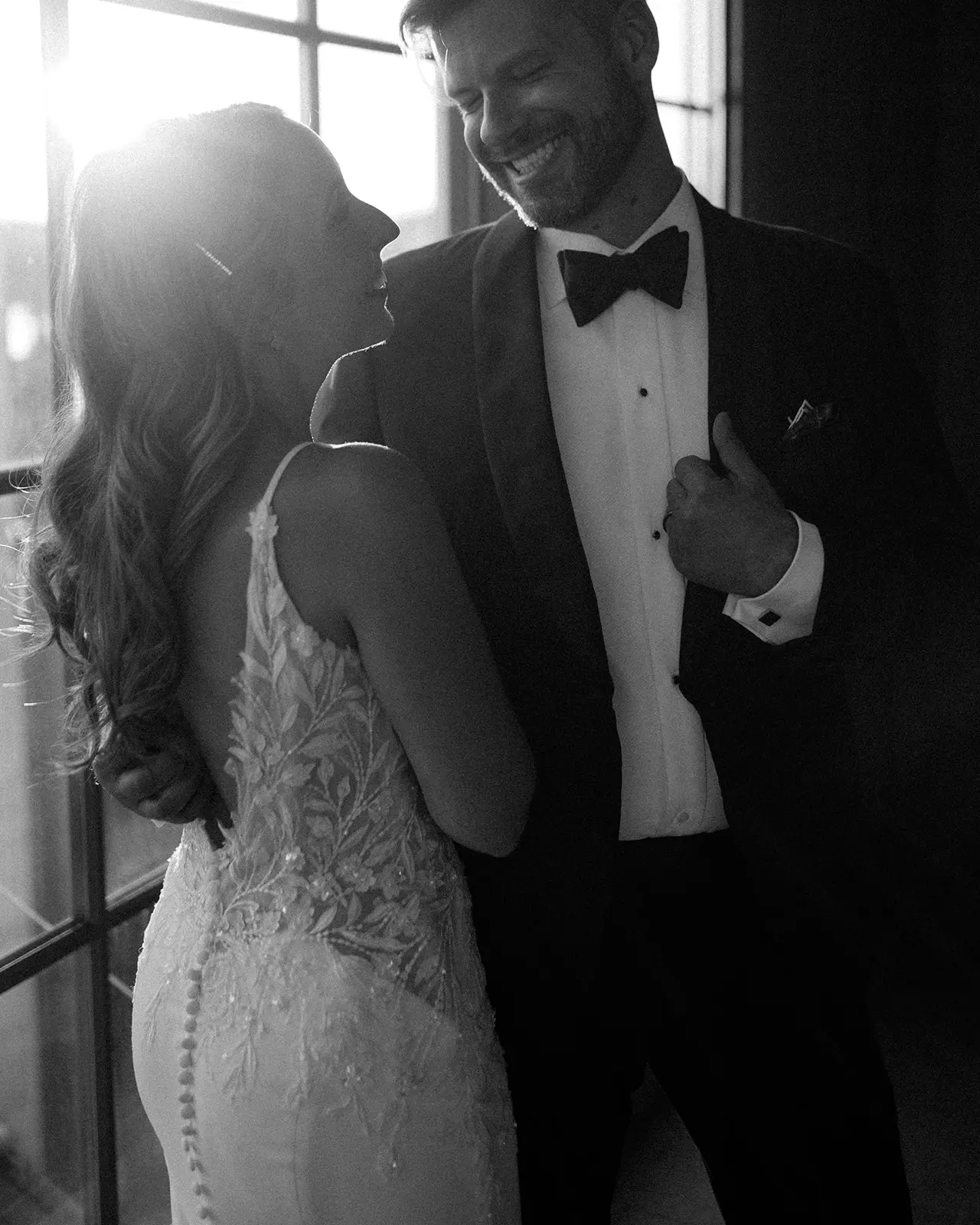 Bride Lace Crepe Wedding Dress Called Alda By Rebecca Ingram With Groom