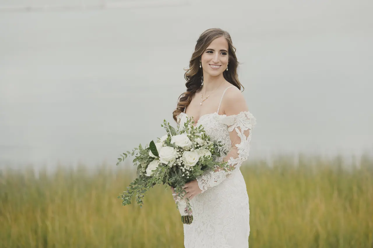 Real Bride in Sparkly Lace Fit-and Flare Bridal Dress with Detachable Off-the-Shoulder Sleeves called Fiona by Maggie Sottero