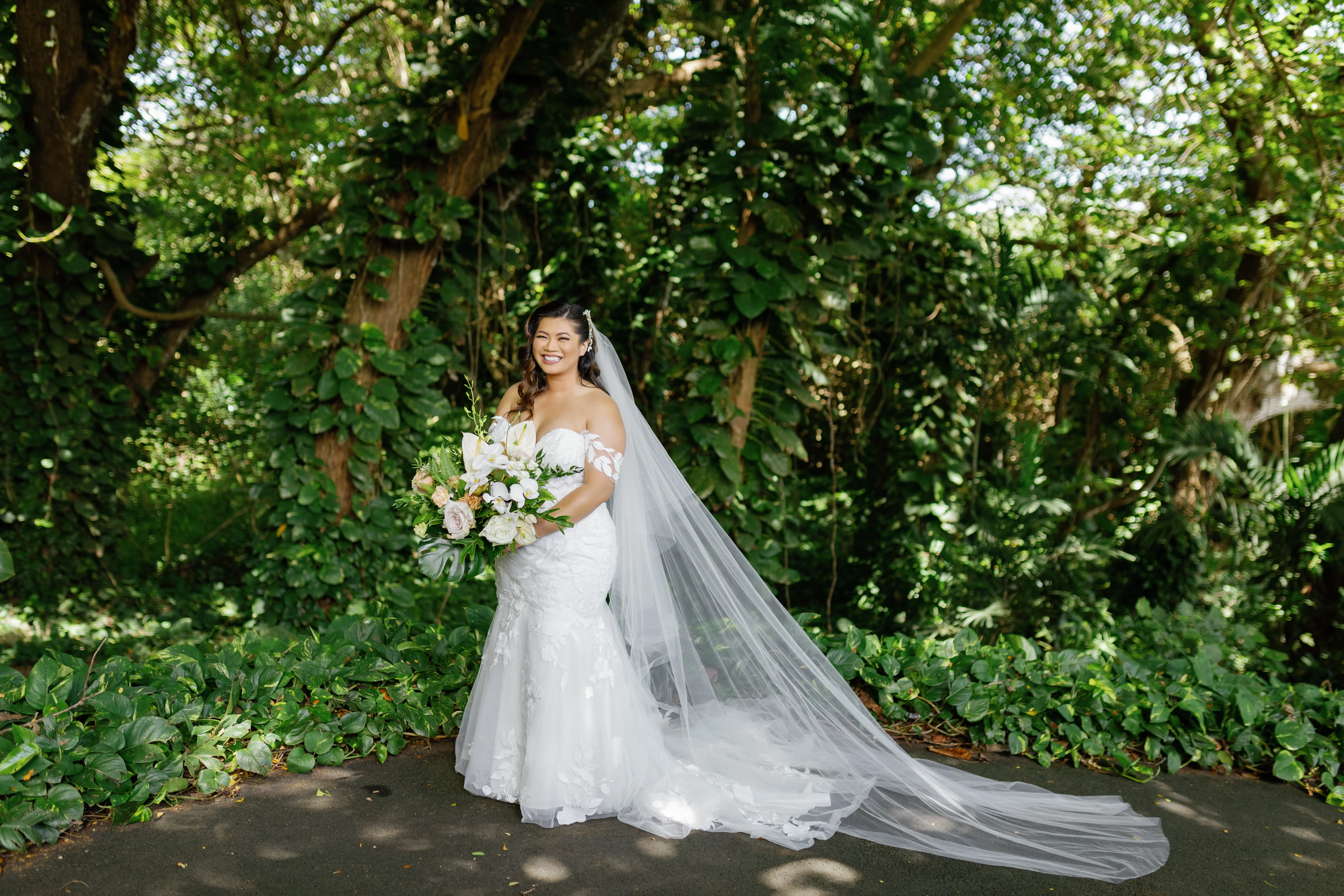 Bride Wearing Lace Mermaid Wedding Dress Called Hattie By Rebecca Ingram In Hawaii