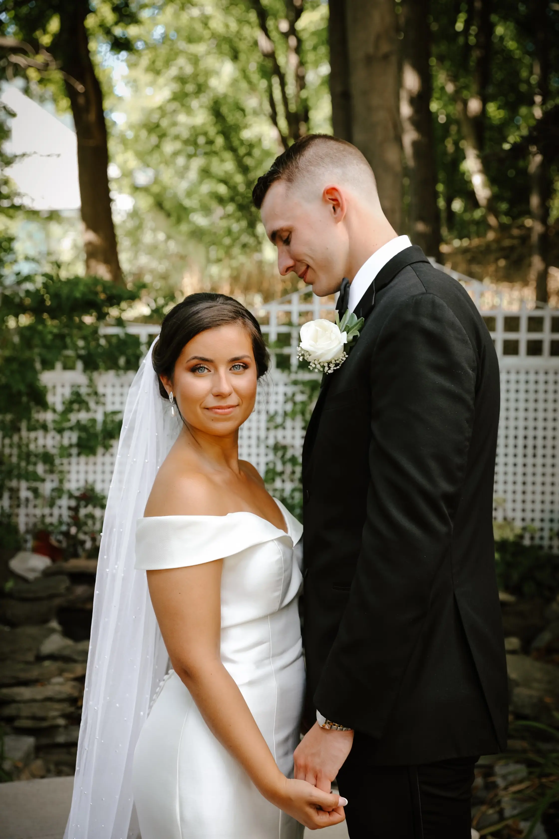 Groom With Bride Wearing Vintage Off The Shoulder Fit-And-Flare Wedding Dress Josie By Rebecca Ingram