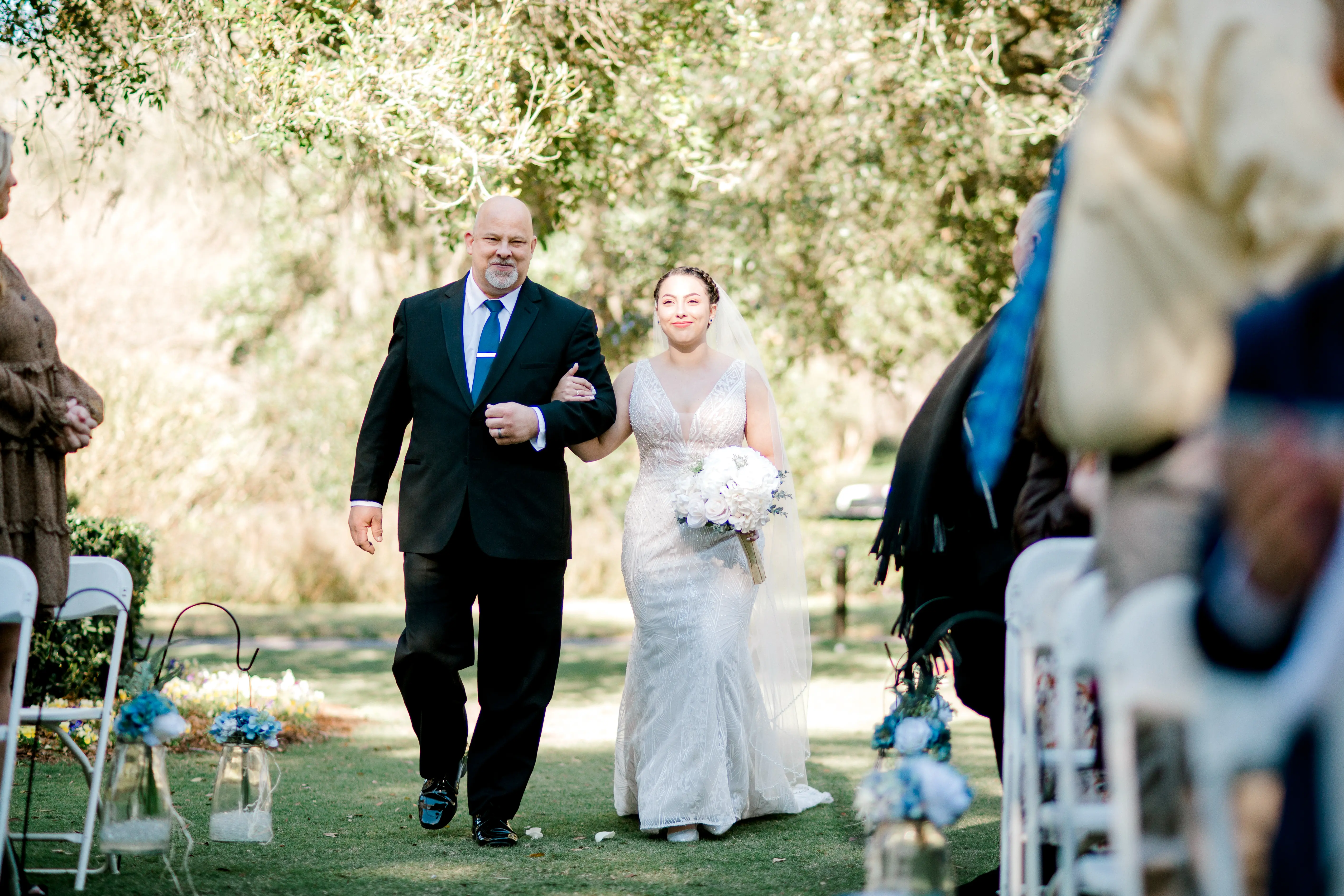 Father with Bride in Gorgeous Art Deco Wedding Dress with Plunging Illusion V-Neckline Called Elaine by Maggie Sottero