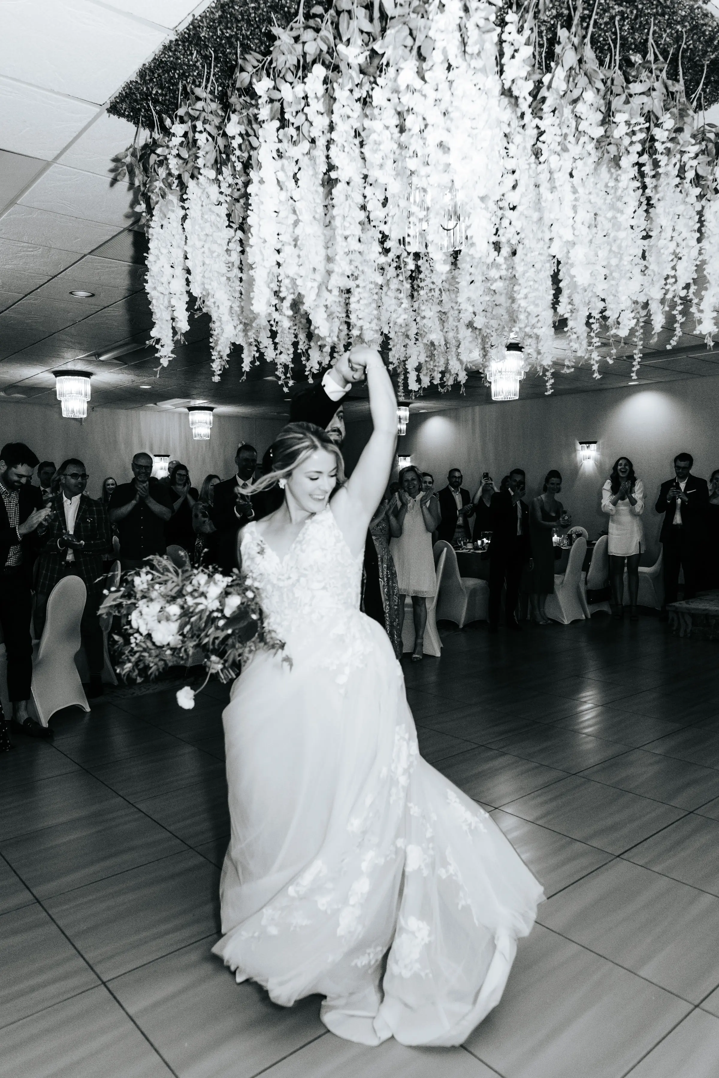 Bride Wearing V-Neck A-Line Wedding Dress Minerva By Rebecca Ingram
