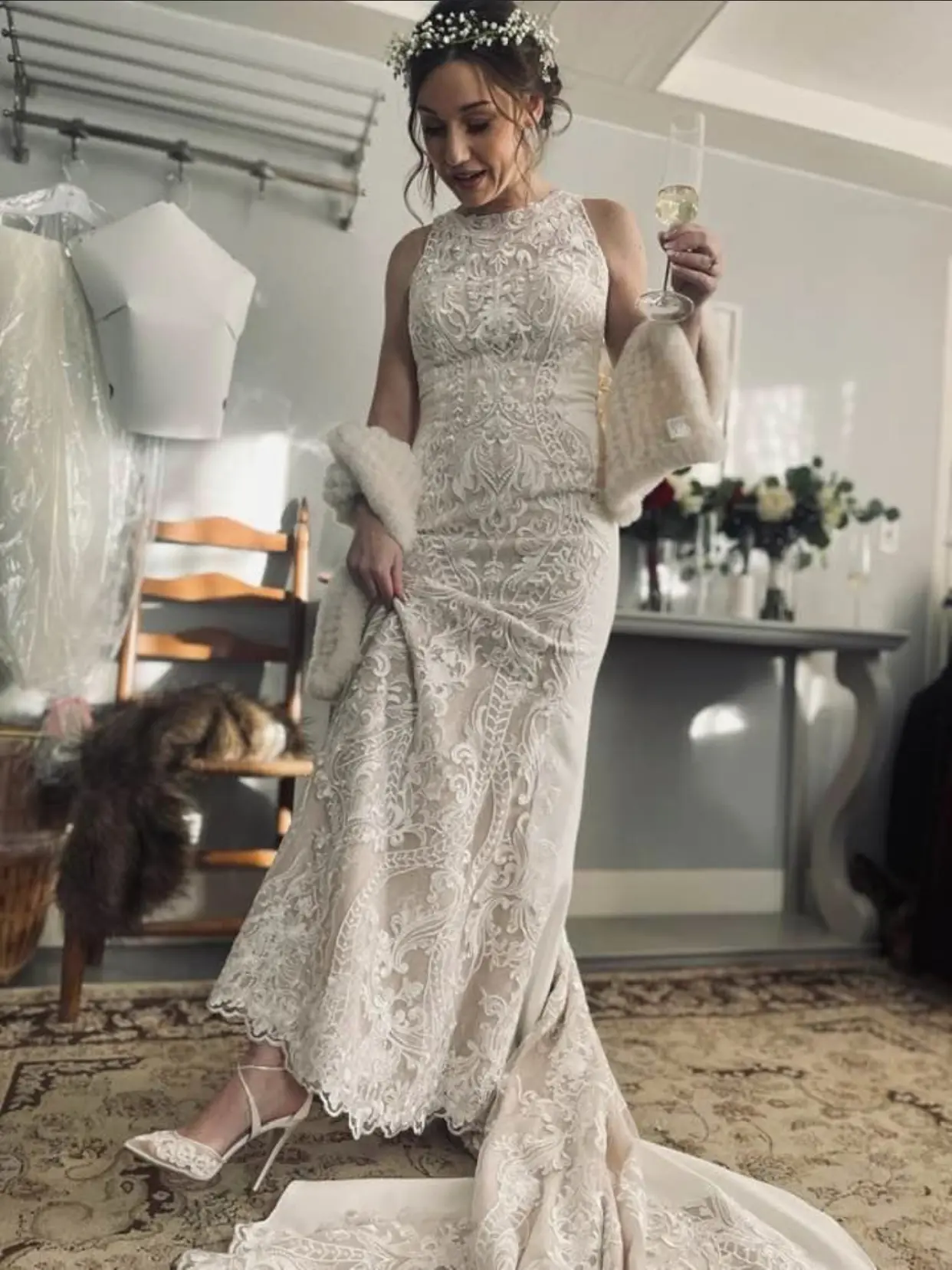 Bride Wearing Lace Halter Wedding Gown Called Kevyn By Sottero And Midgley