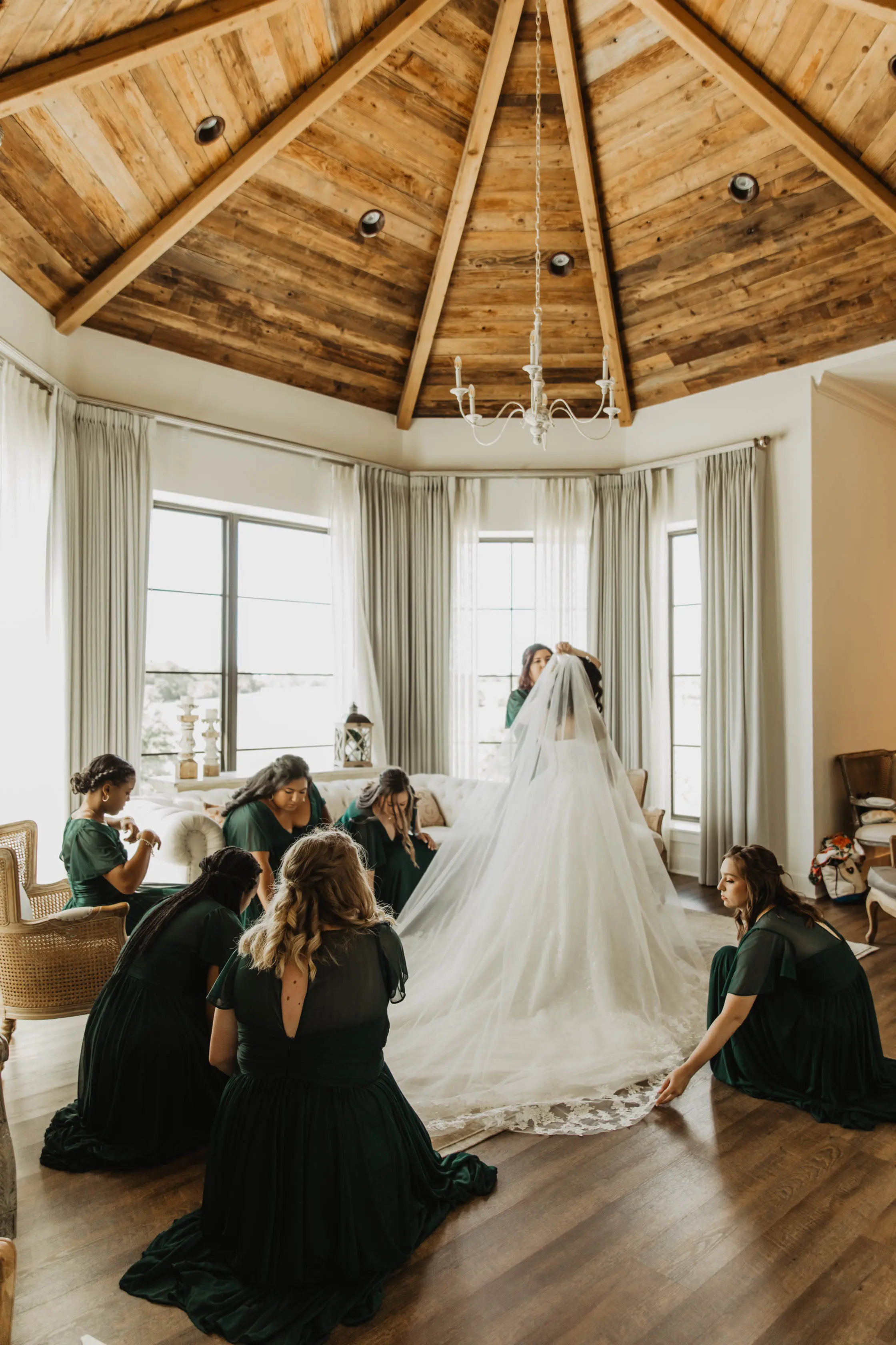 Bride Wearing Sparkly Ballgown Wedding Dress Called Zartasha By Sottero and Midgley Getting Ready With Her Bridesmaids