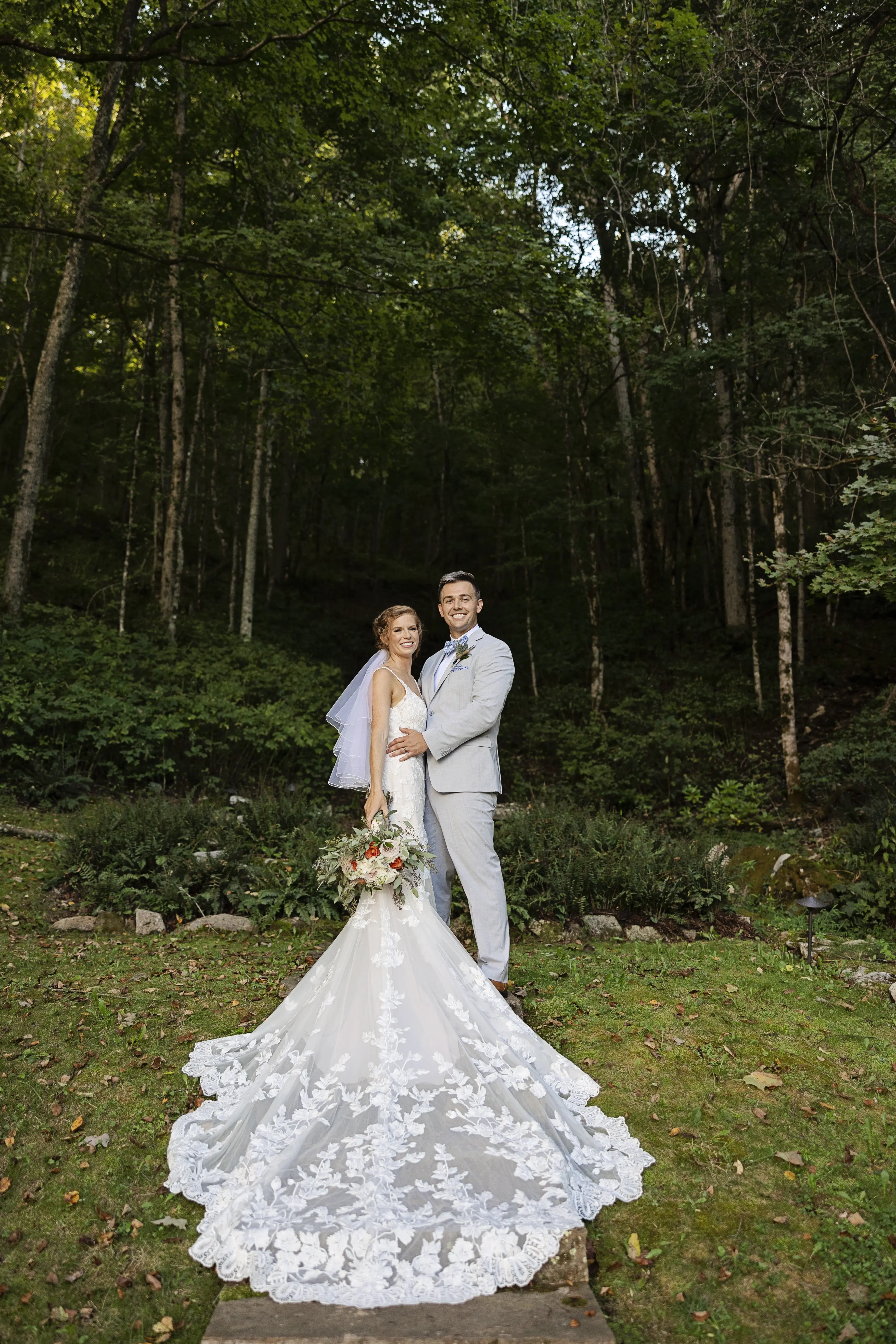 Bride In Lace Fit-And-Flare Wedding Dress Called Giana By Maggie Sottero With Groom