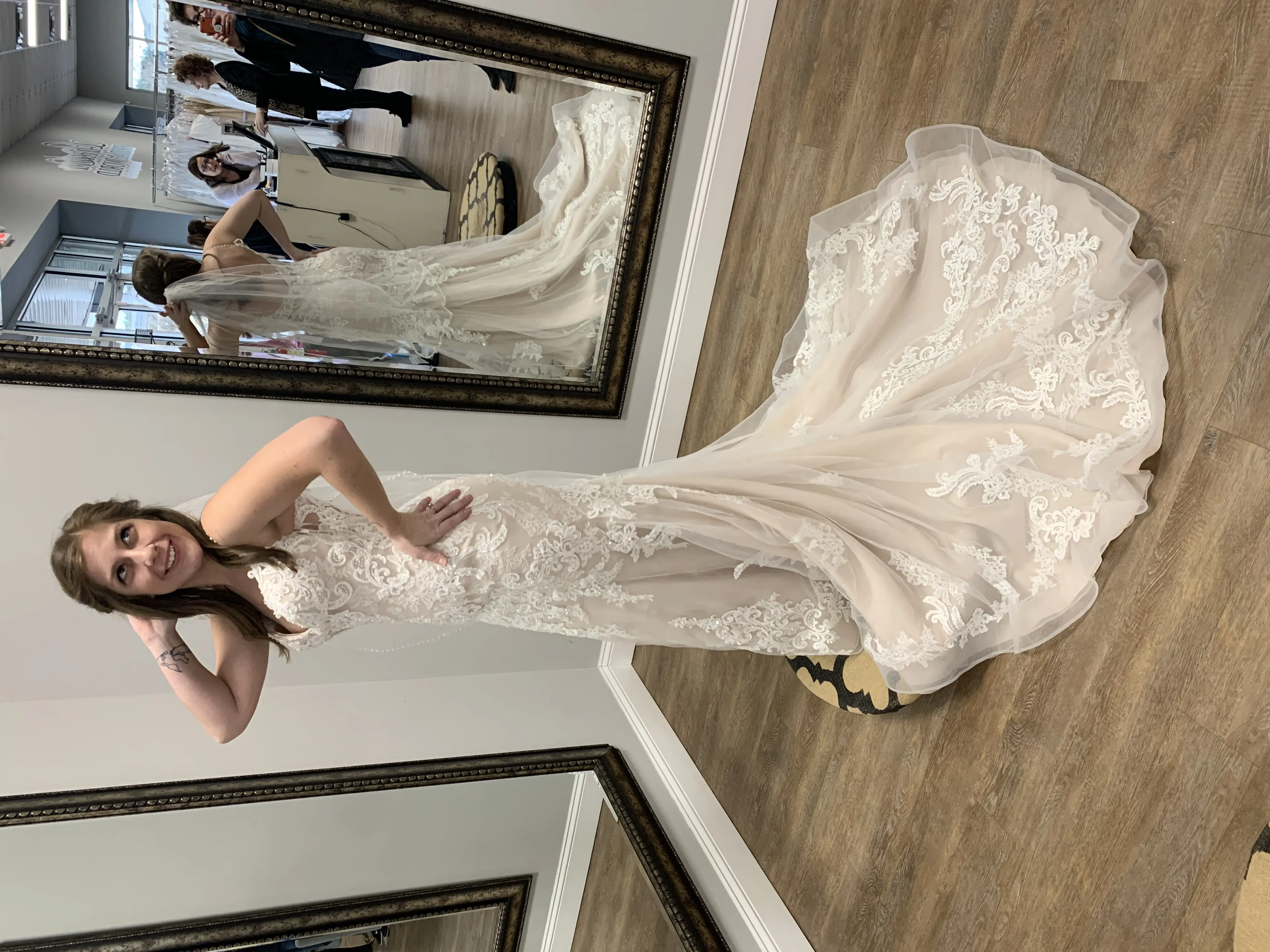 Bride Wearing Sheath Lace Wedding Dress Called Glorietta By Maggie Sottero