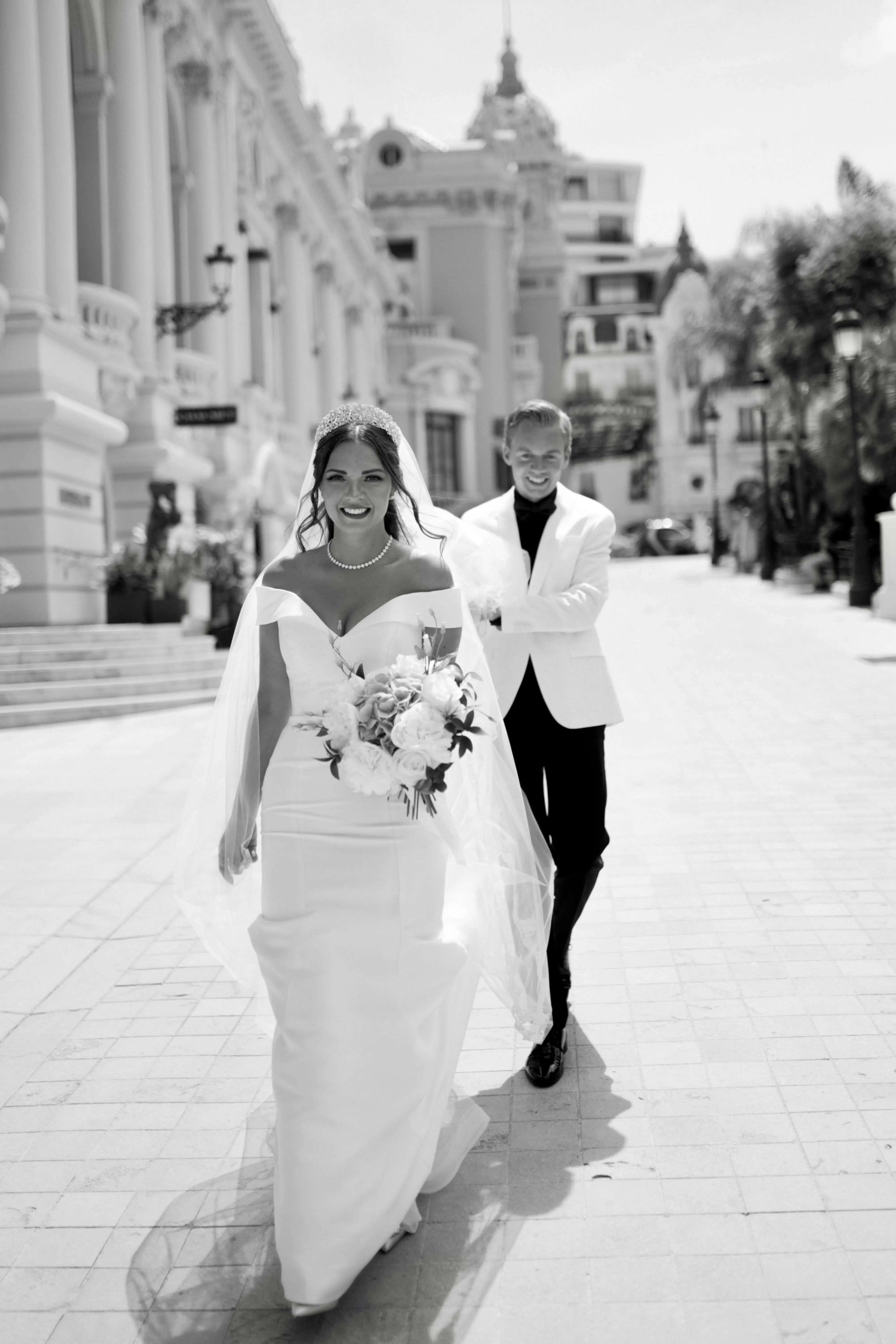 Groom With Bride Wearing Simple Off The Shoulder Fit And Flare Wedding Dress Josie By Rebecca Ingram