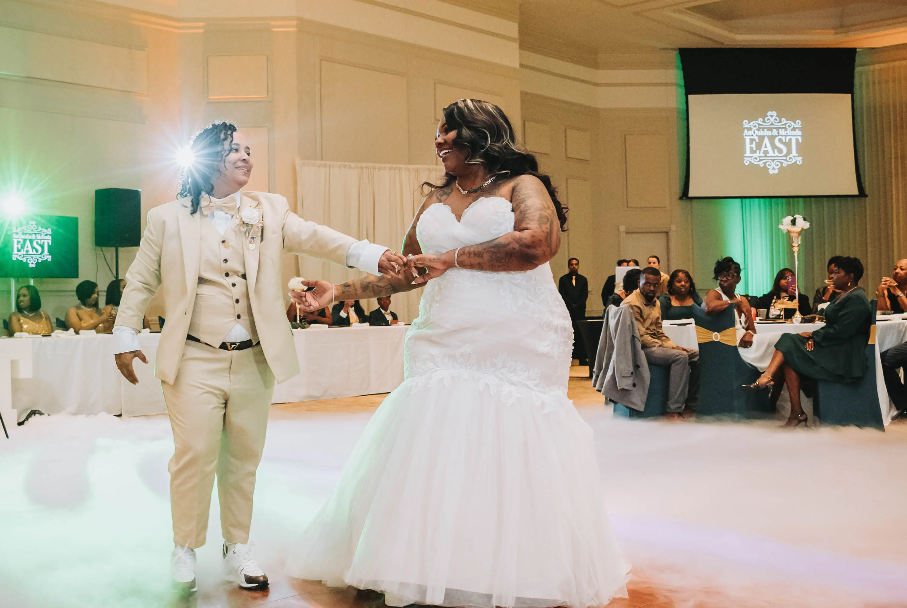 Real Bride in Ruched Tulled Mermaid Wedding Dress with Beaded Lace Motifs Called Georgia by Rebecca Ingram