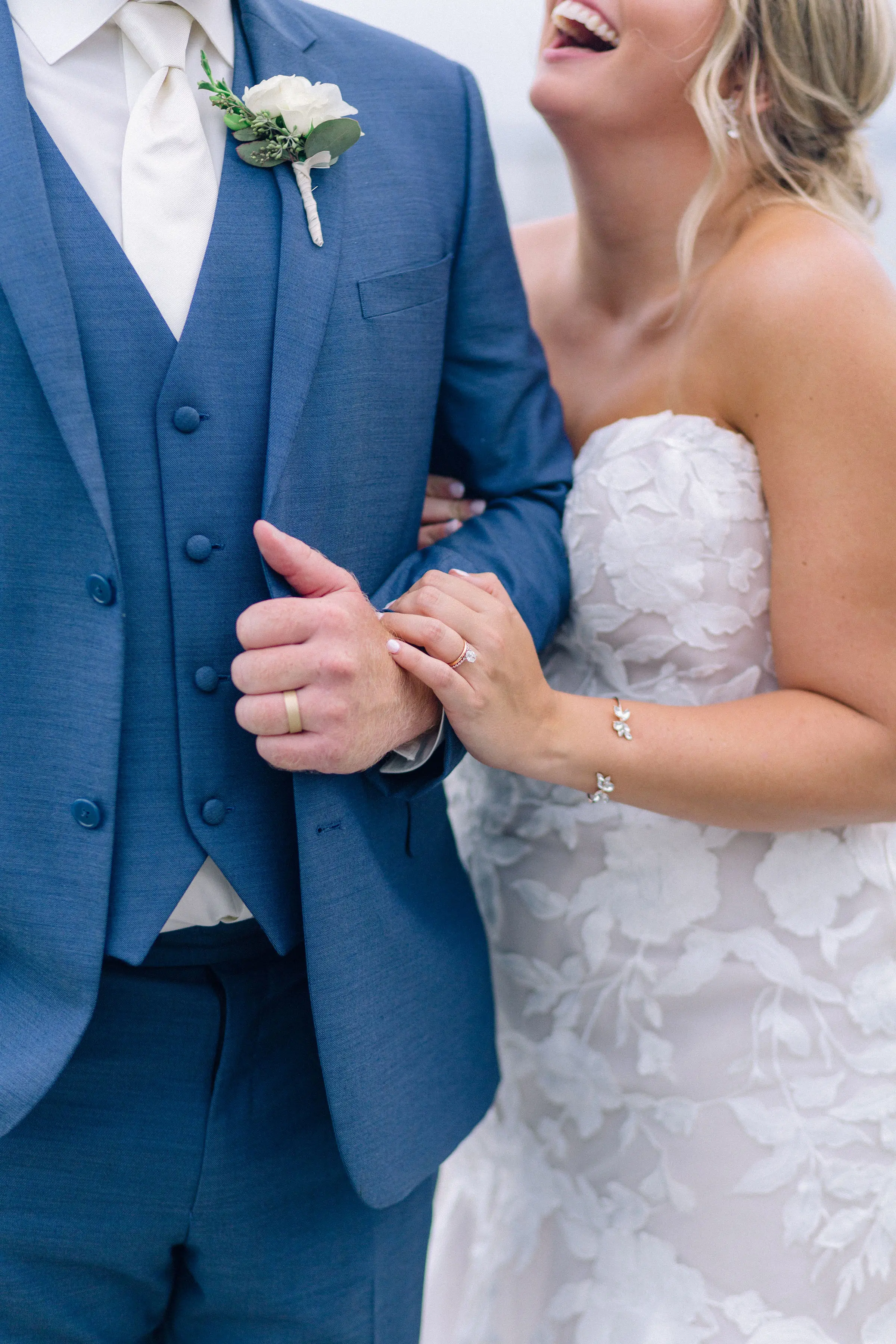 Bride Wearing Lace Mermaid Wedding Gown Called Hattie By Rebecca Ingram Holding Groom