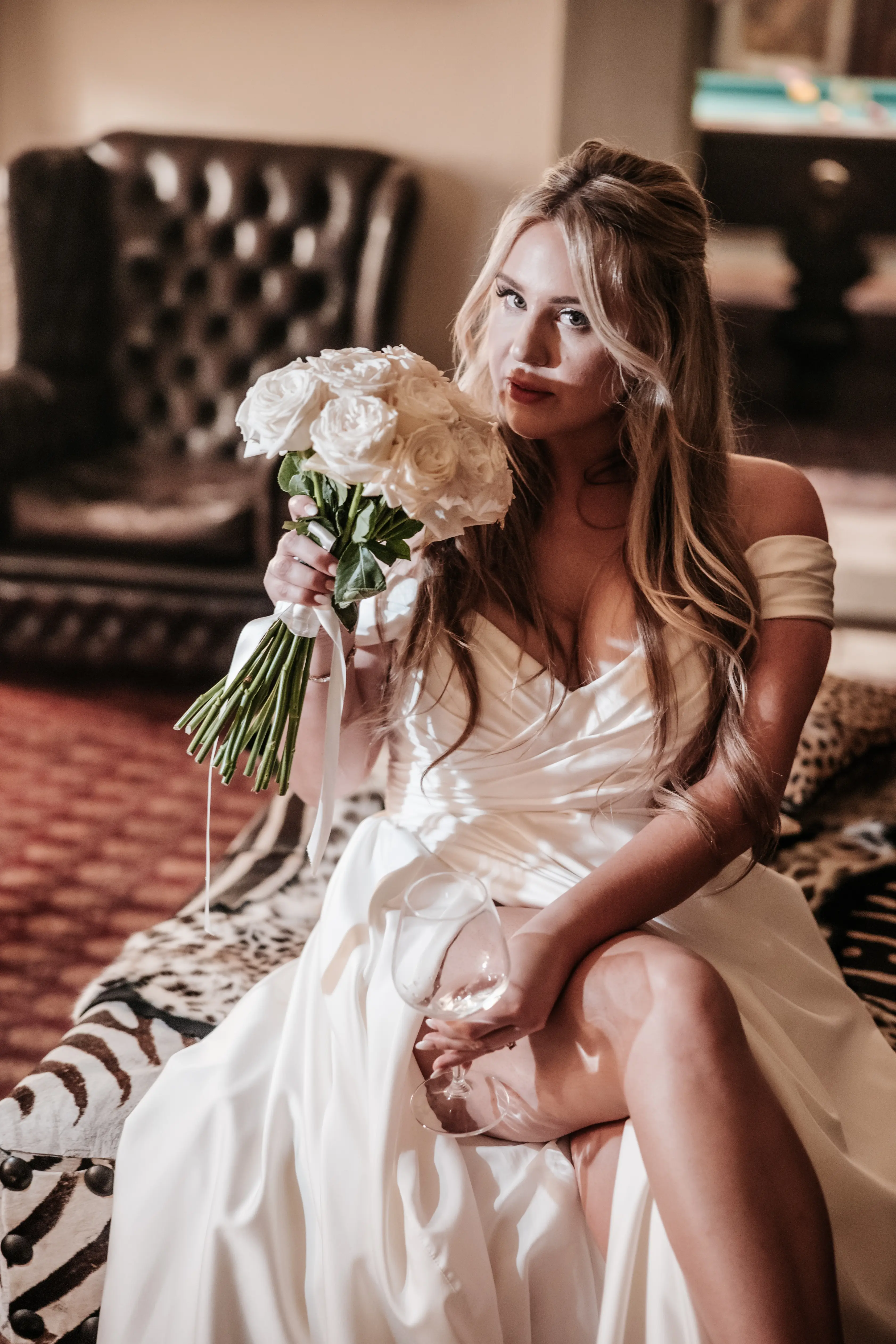 Bride Wearing A-Line Satin Off-The-Shoulder Satin Wedding Dress Ekaterina By Maggie Sottero