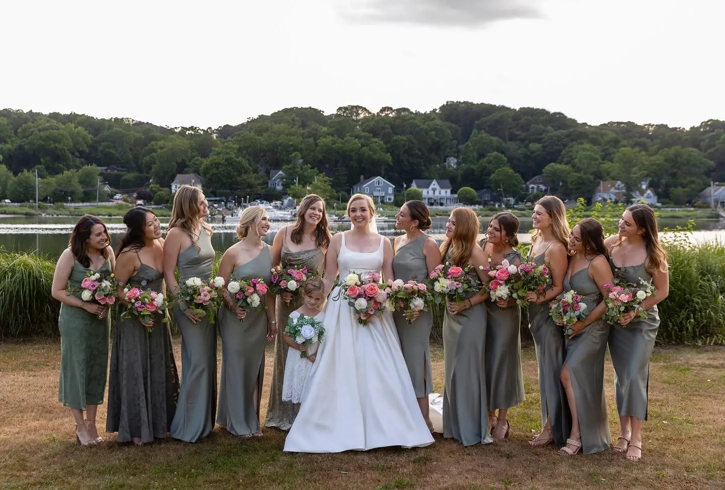 Bride In Simple Wedding Dress Called Selena By Maggie Sottero With Bridal Party In Gray