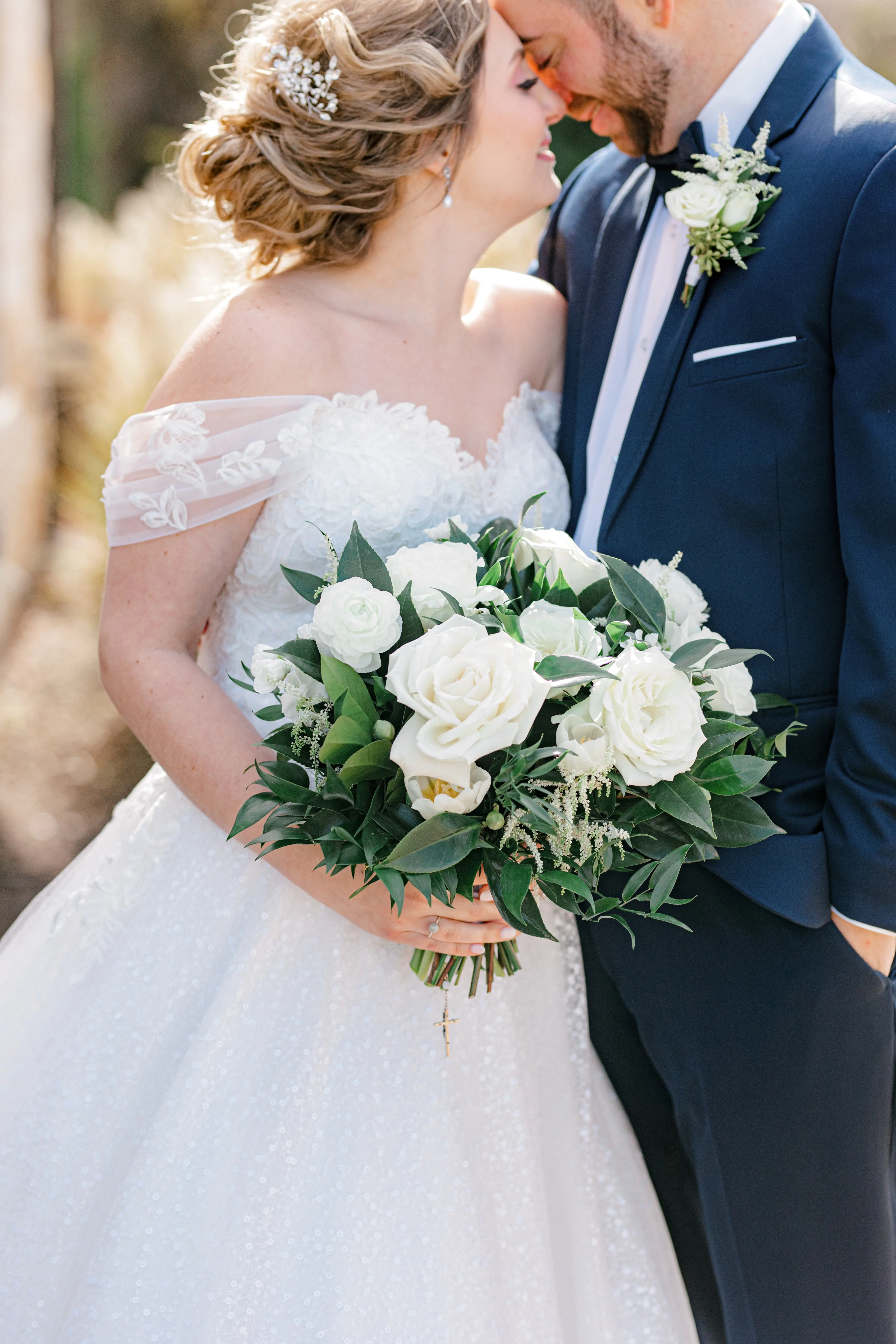 Groom Posing With Bride Wearing Chic Lace Ball Gown Wedding Dress Called Tristyn By Maggie Sottero