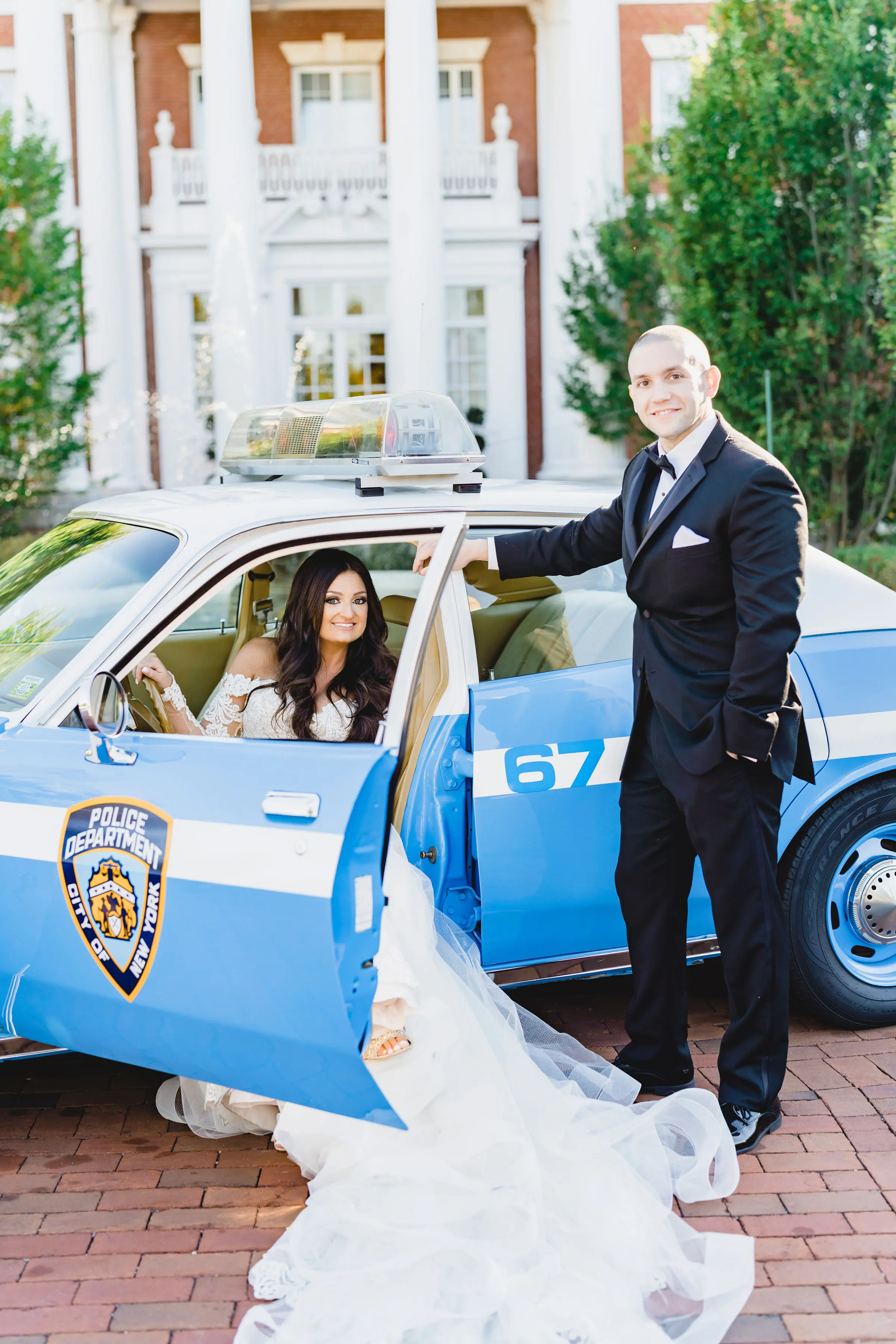 Bride Wearing Sparkly Lace Fit-and-Flare Wedding Dress in Car.