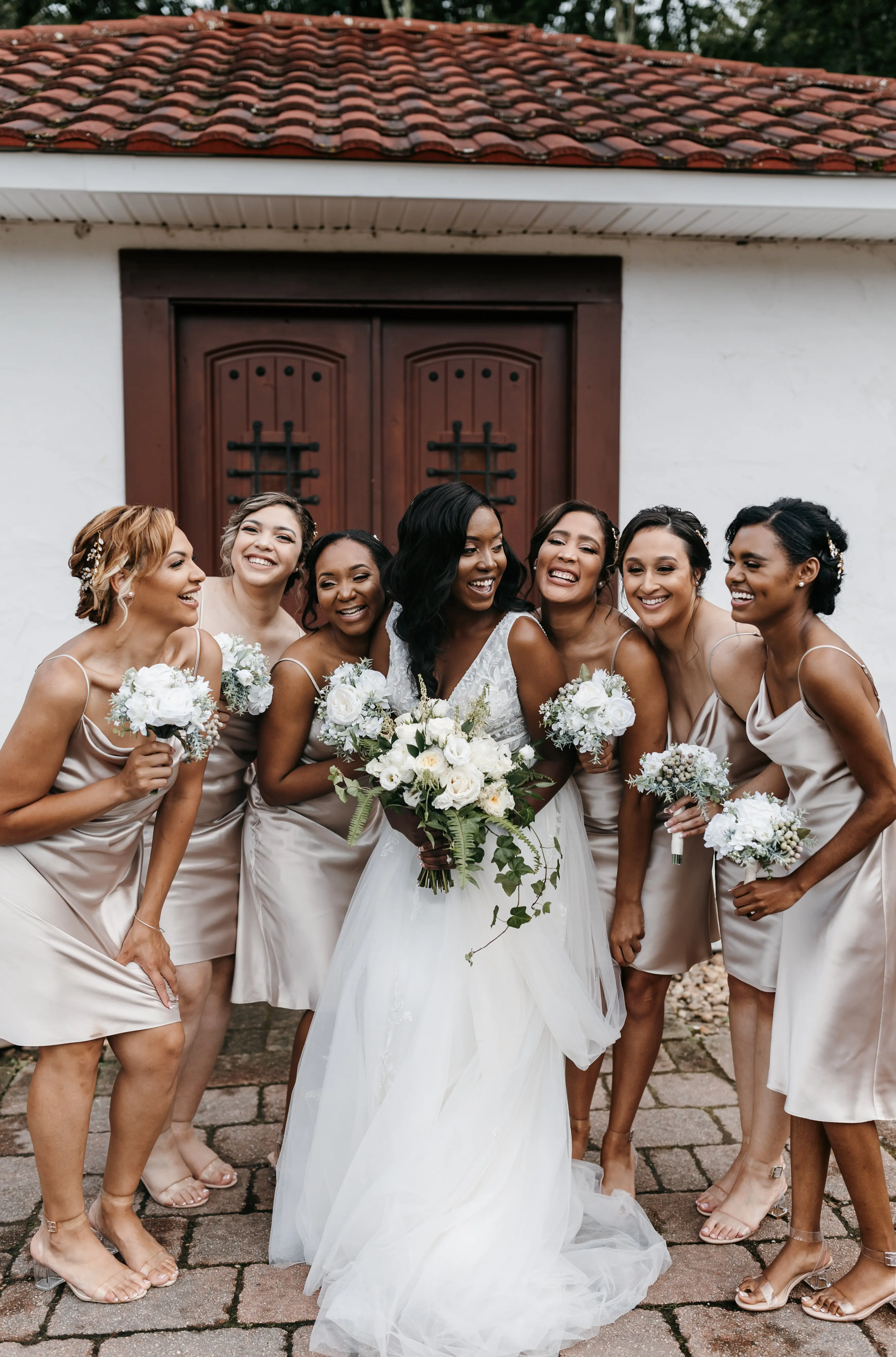 Bridesmaids With Bride Wearing Lace A-line Raelynn By Rebecca Ingram