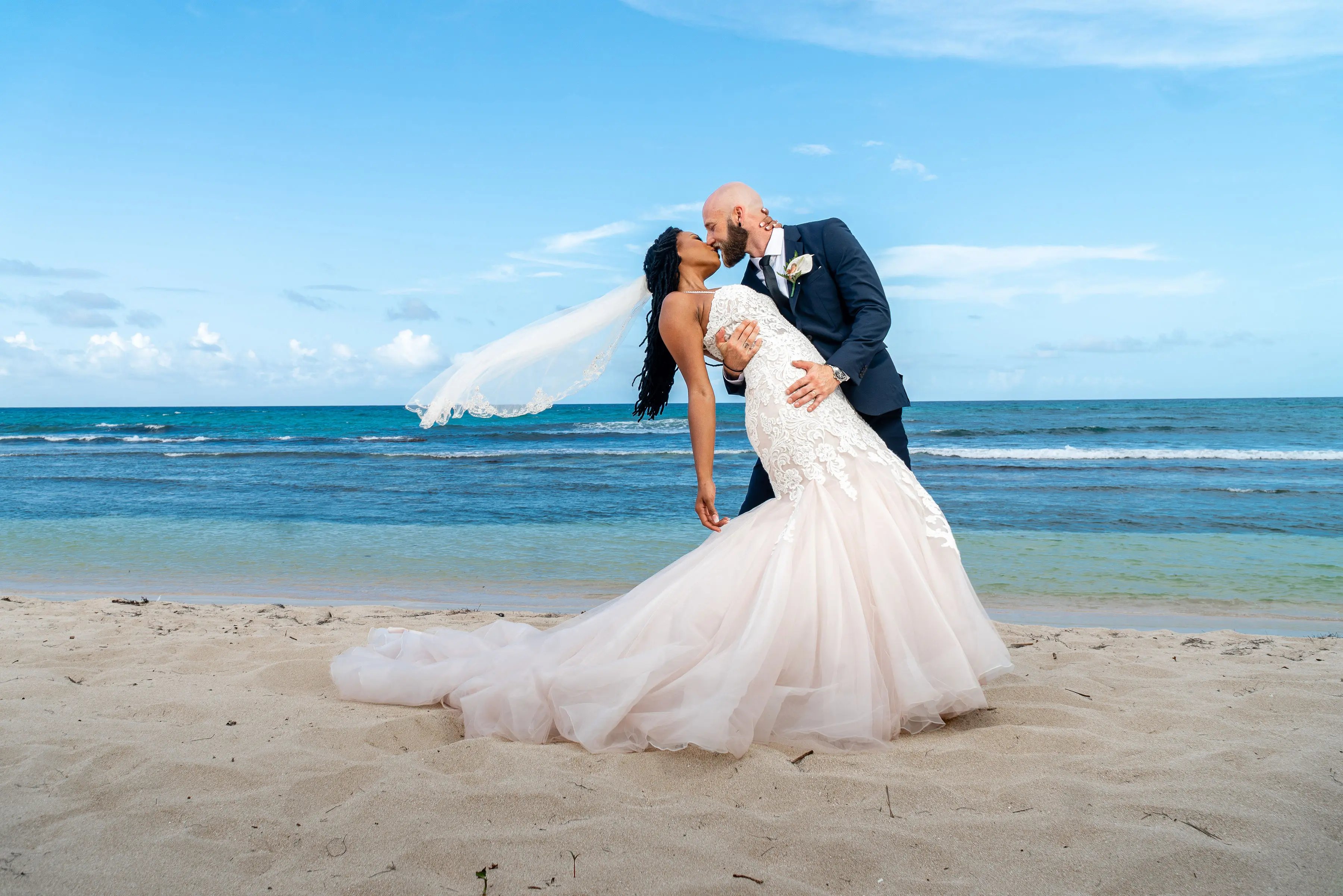 Groom With Bride Wearing Lace Mermaid Style Wedding Dress Alistaire By Maggie Sottero