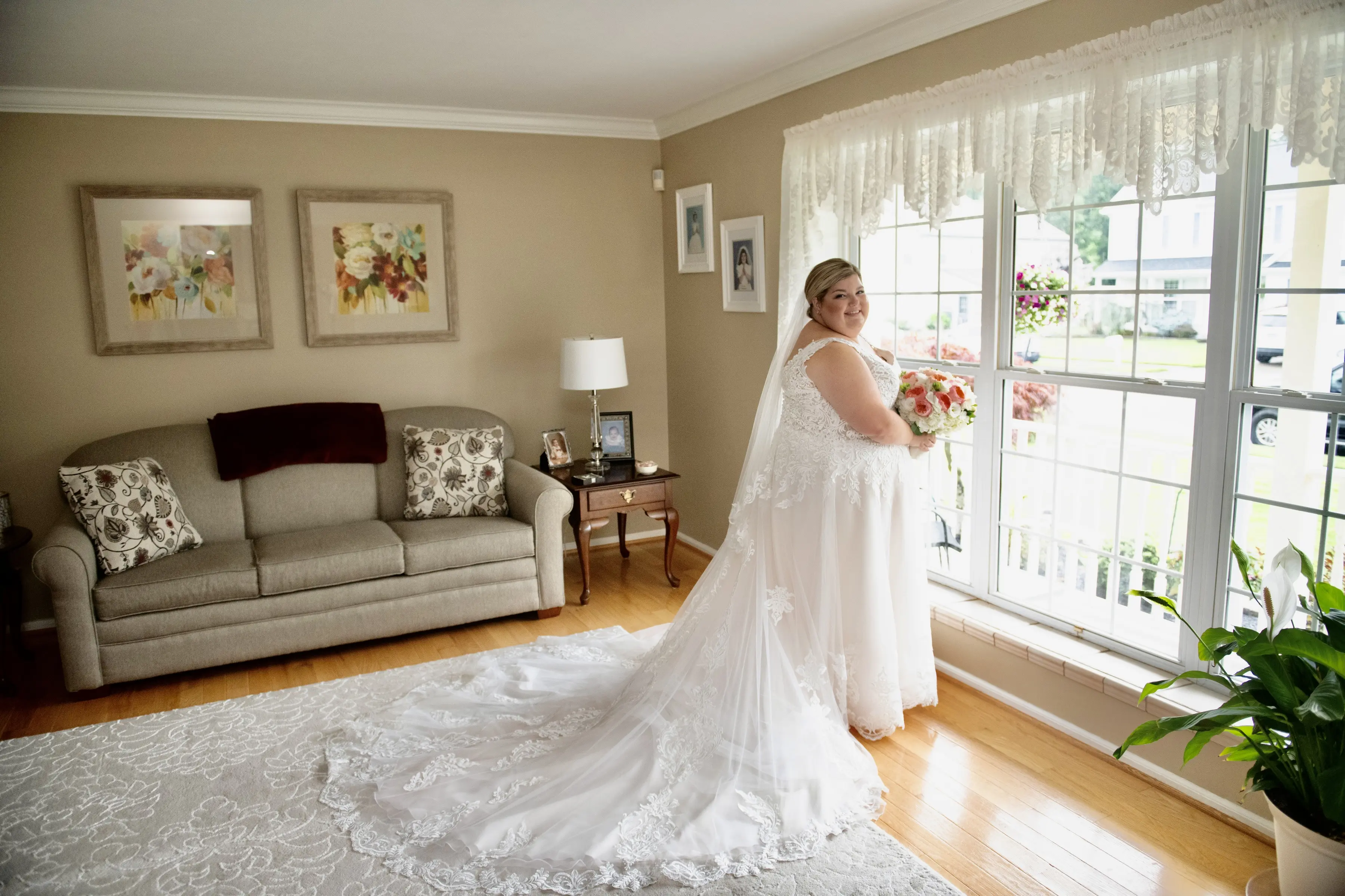 Bride wearing Lace A-line Wedding Dress called Trinity Lynette by Maggie Sottero