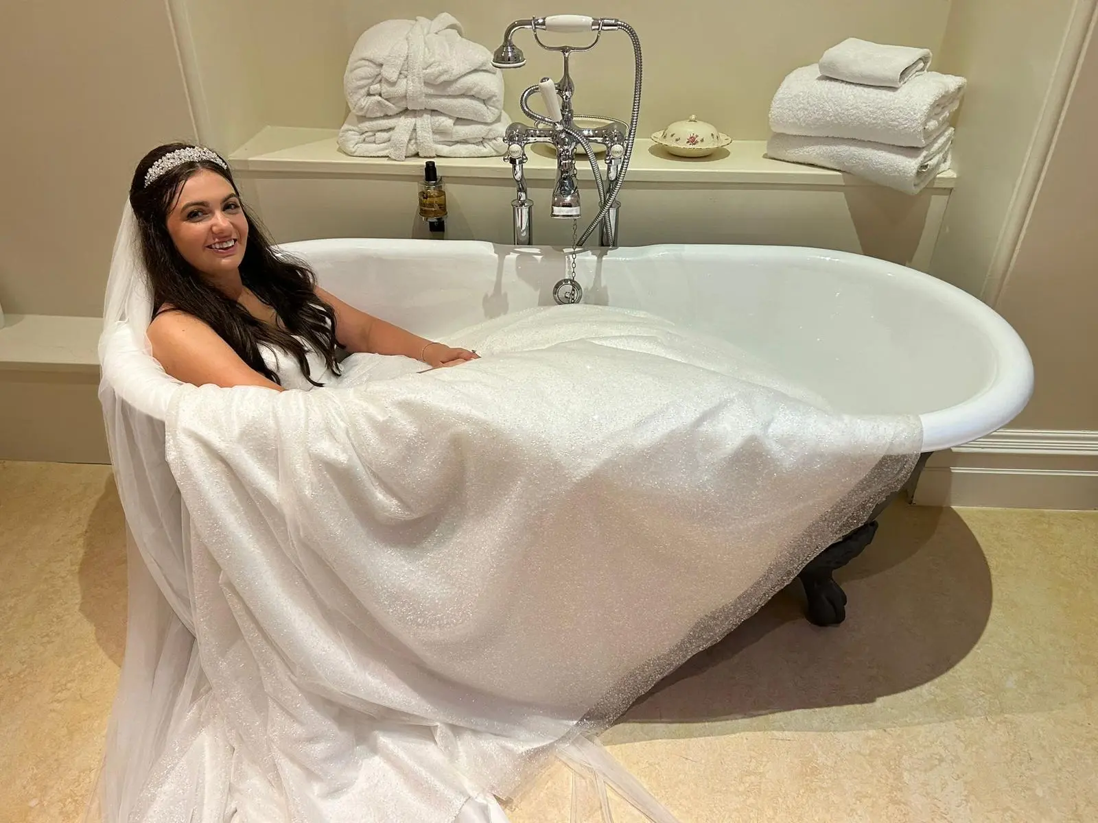 Bride wearing Anniston by Maggie Sottero in a bathtub