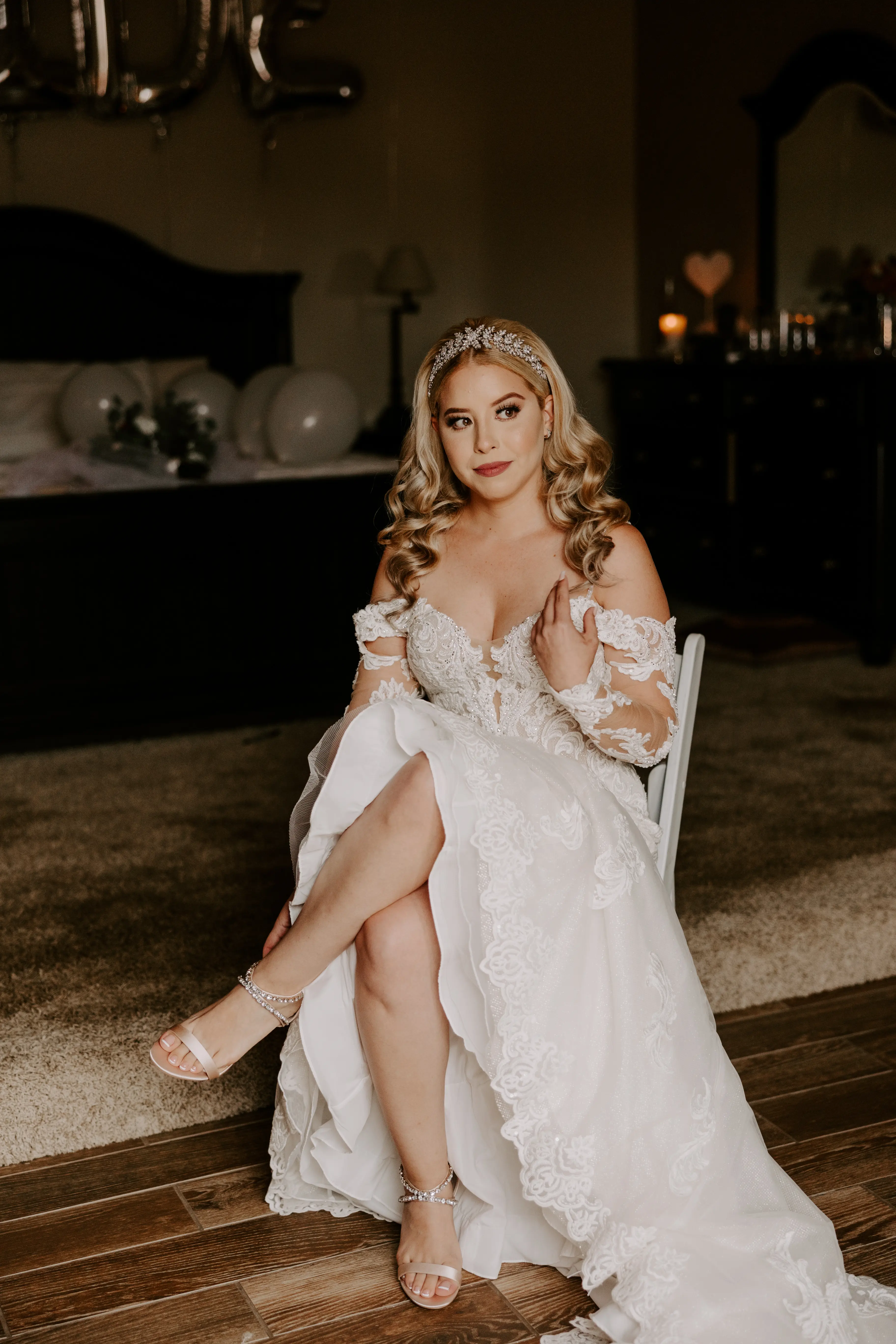 Real Bride in Sparkly Lace Fit-and-Flare Bridal Dress with Off-the-Shoulder Sleeves Called Fiona by Maggie Sottero