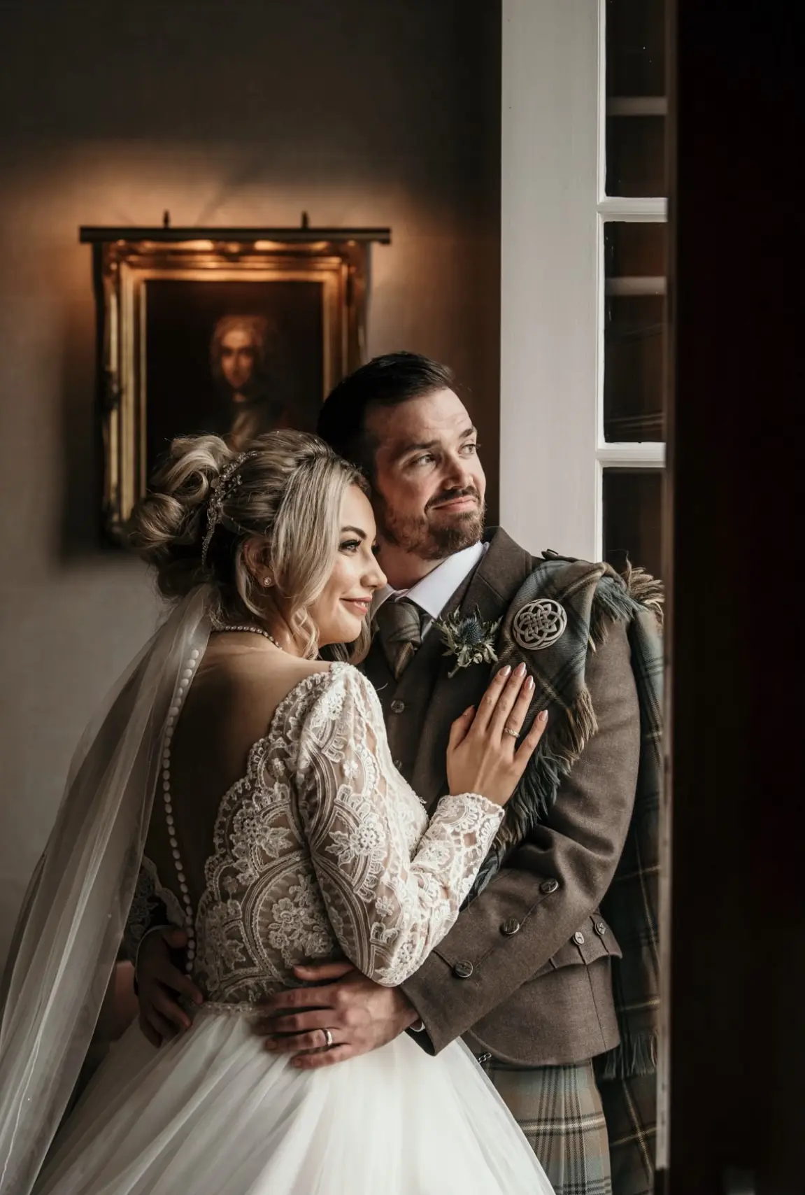 Groom With Bride Wearing Long Sleeved Ball Gown Mallory Dawn By Maggie Sottero