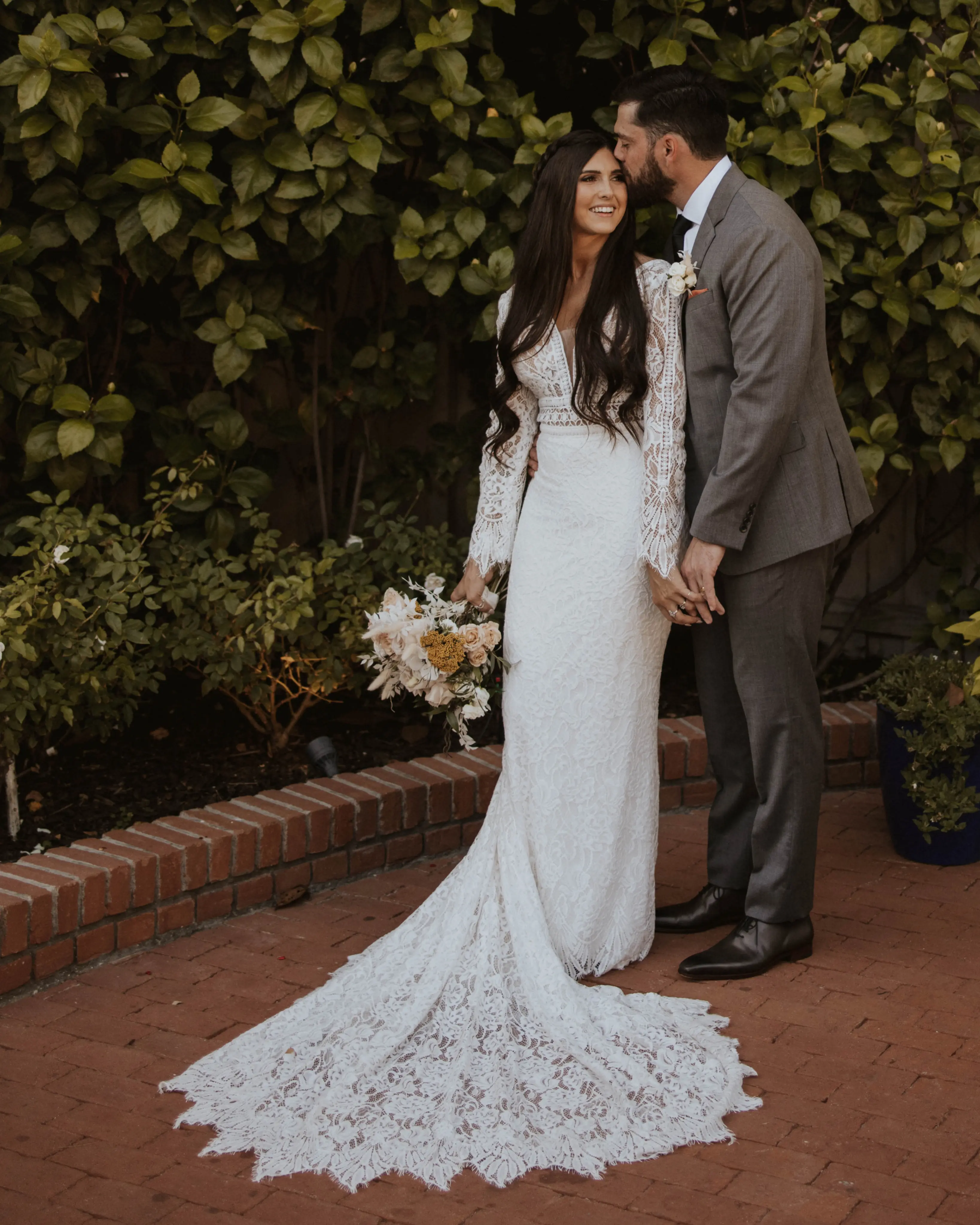 Real Bride in Boho Lace Wedding Dress with Deep Scallop Train called Drita by Maggie Sottero