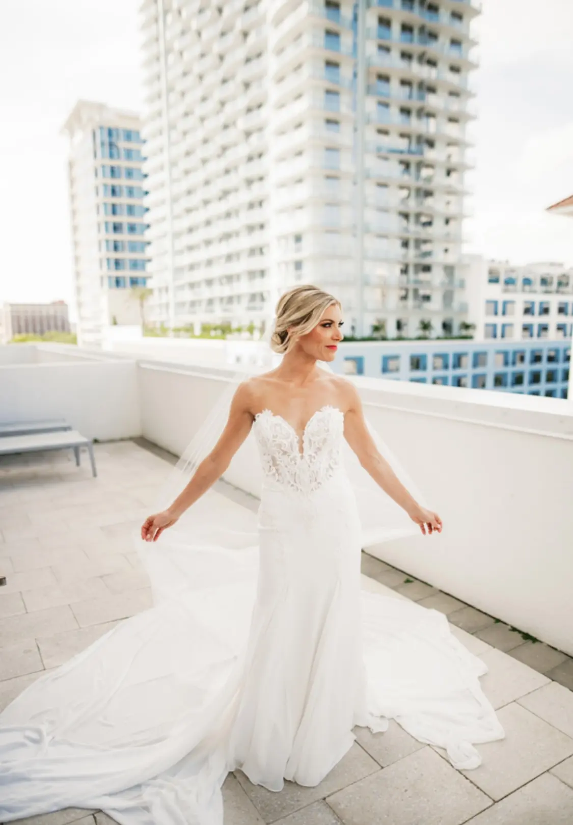 Real Bride in Fit-and-Flare Strapless Chiffon Wedding Gown with Sequined Lace Motifs over Chantilly Lace with Corset Detailing Called Giovannetta by Sottero & Midgley