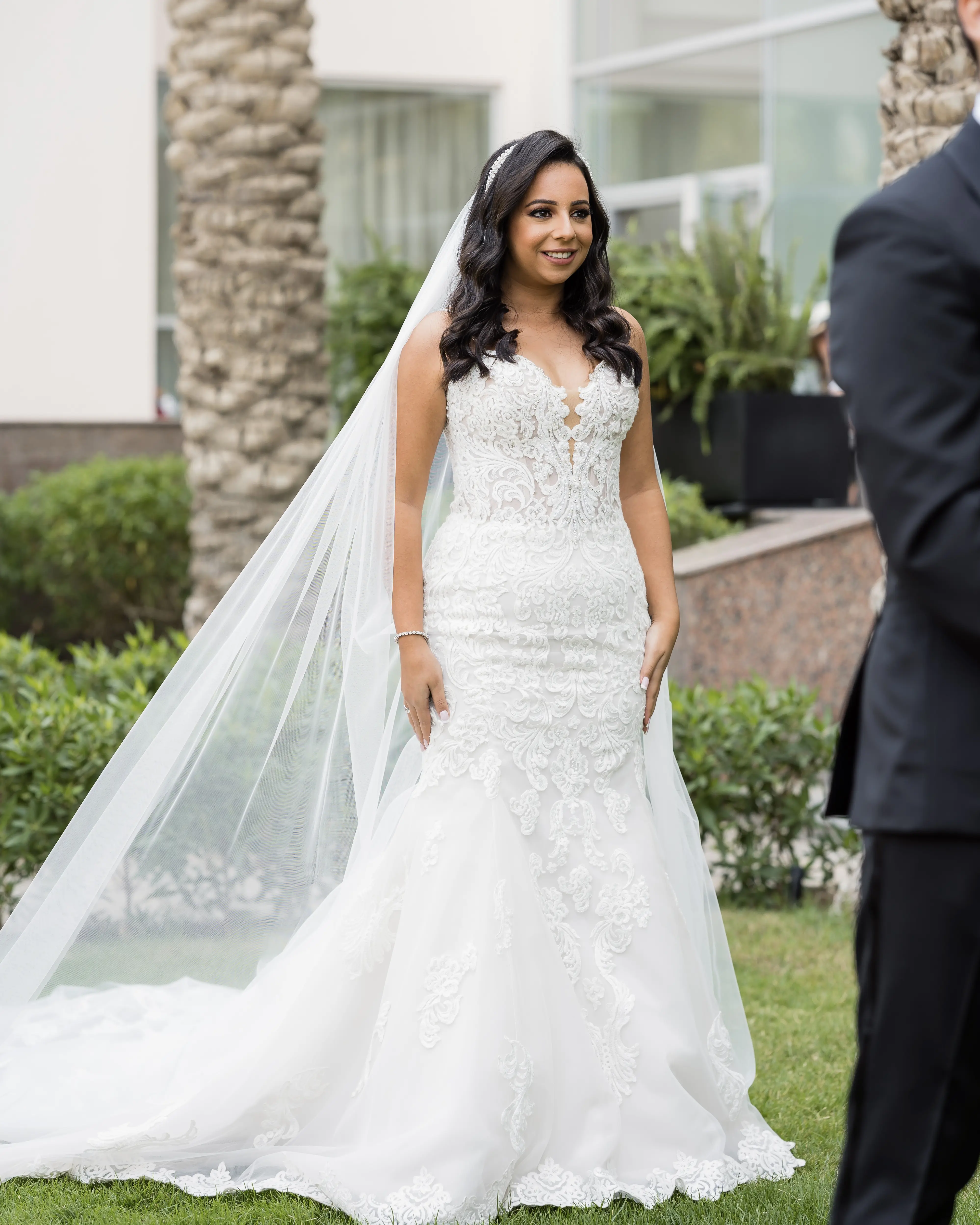 Bride Wearing Sexy Lace Wedding Dress Called Fiona By Maggie Sottero Doing First Look With Groom