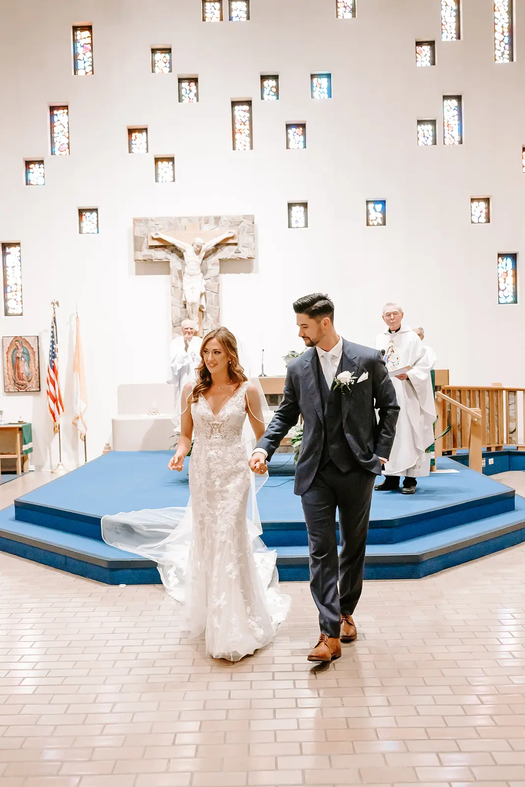 Groom With Bride Wearing Garden Inspired Lace Fit-And-Flare Greenley By Maggie Sottero
