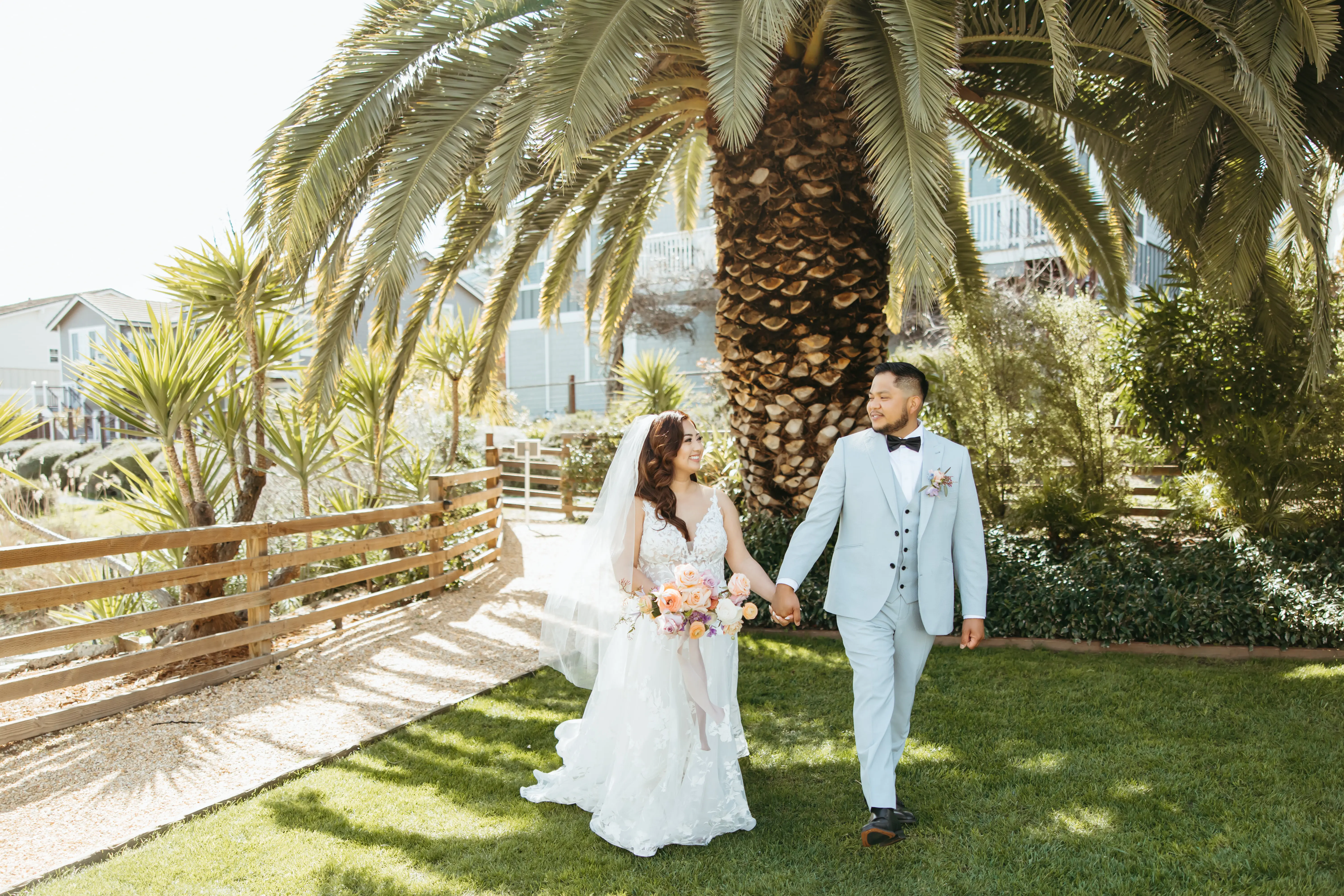 Groom with Bride in Whimsical Lace A-Line Wedding Gown with Deep Scoop Back Called Winter by Maggie Sottero