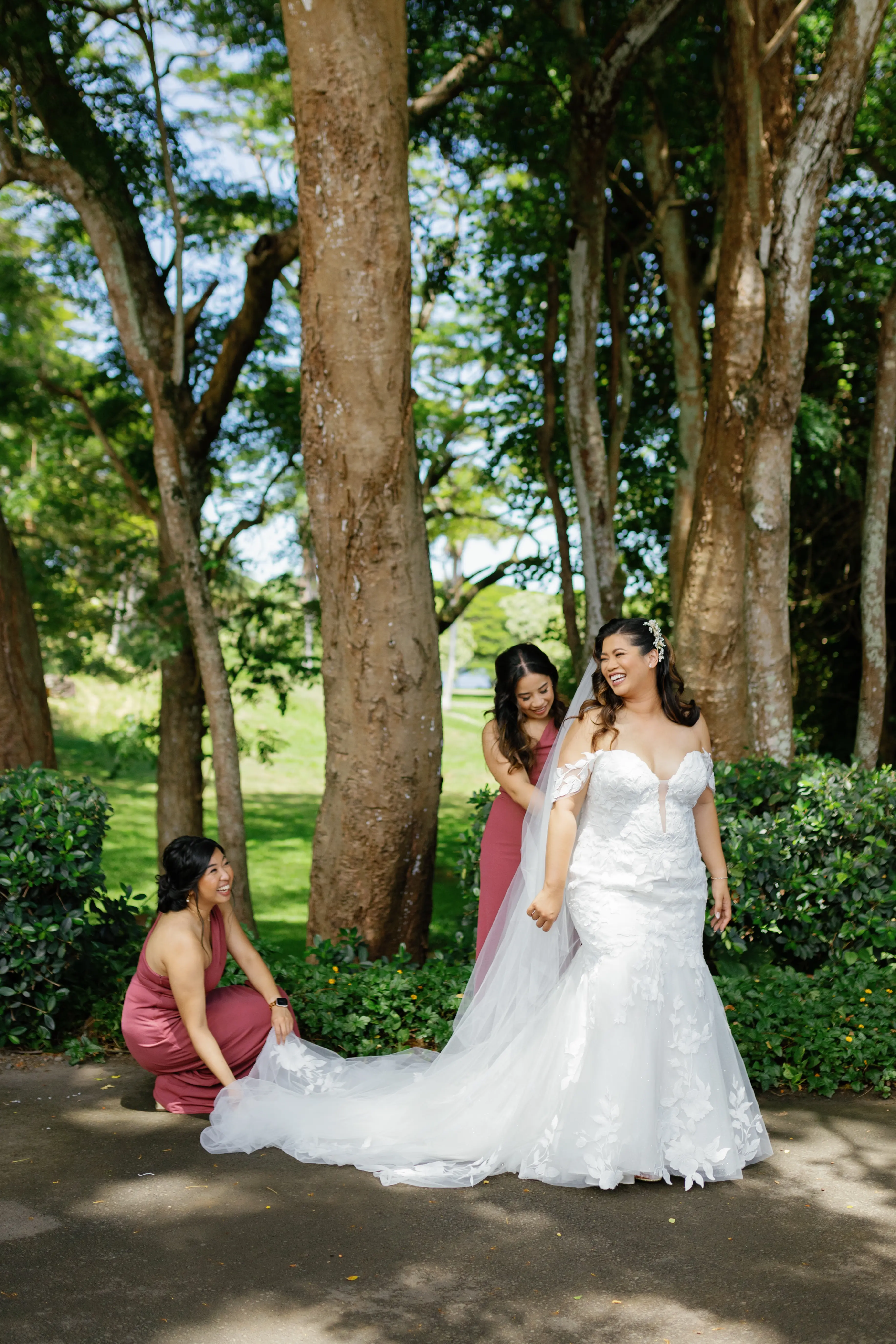 Bride Wearing Lace Mermaid Wedding Dress Called Hattie By Rebecca Ingram With Bridesmaids