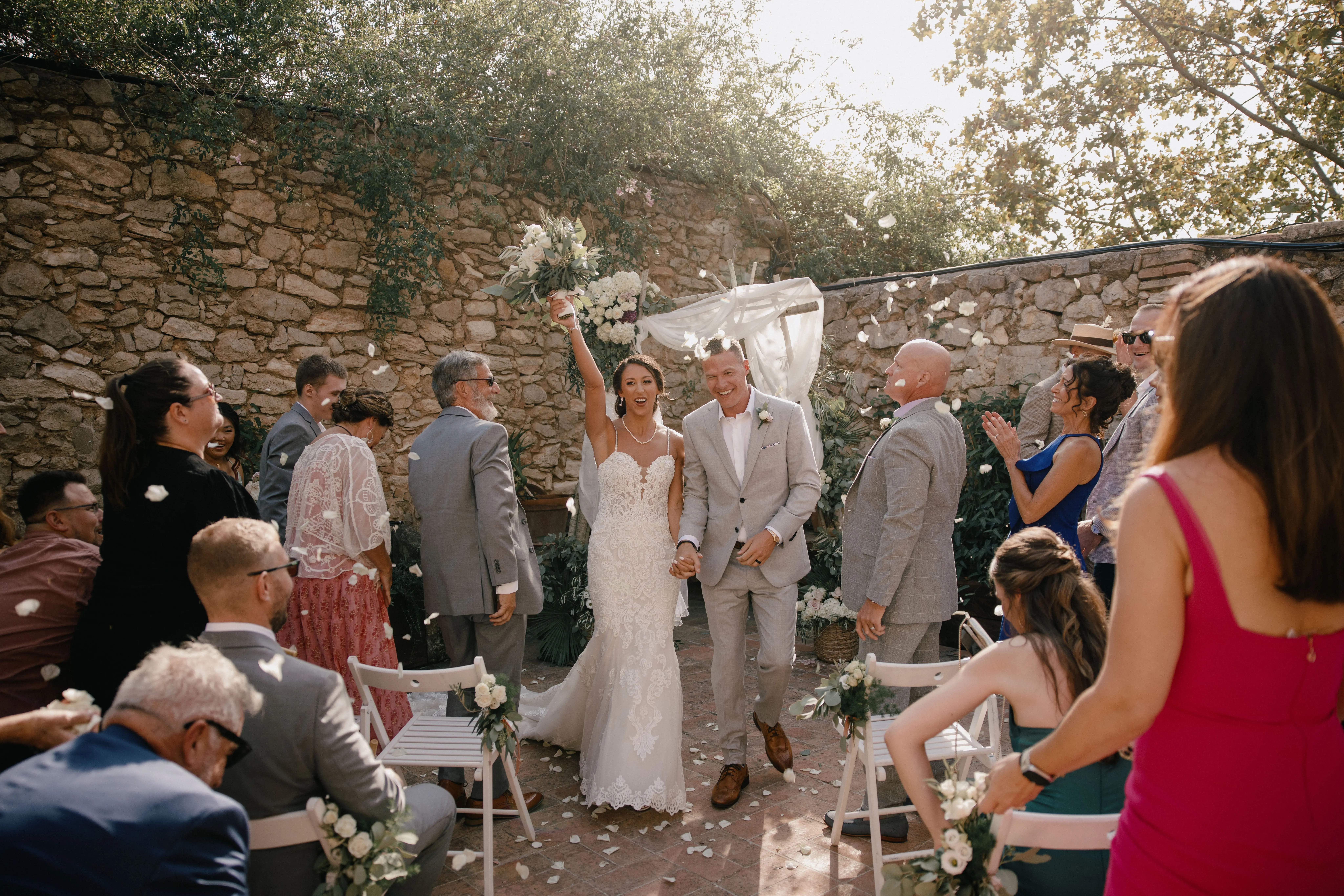 Groom with Bride in Sparkly Lace Fit-and-Flare Bridal Dress Called Fiona by Maggie Sottero