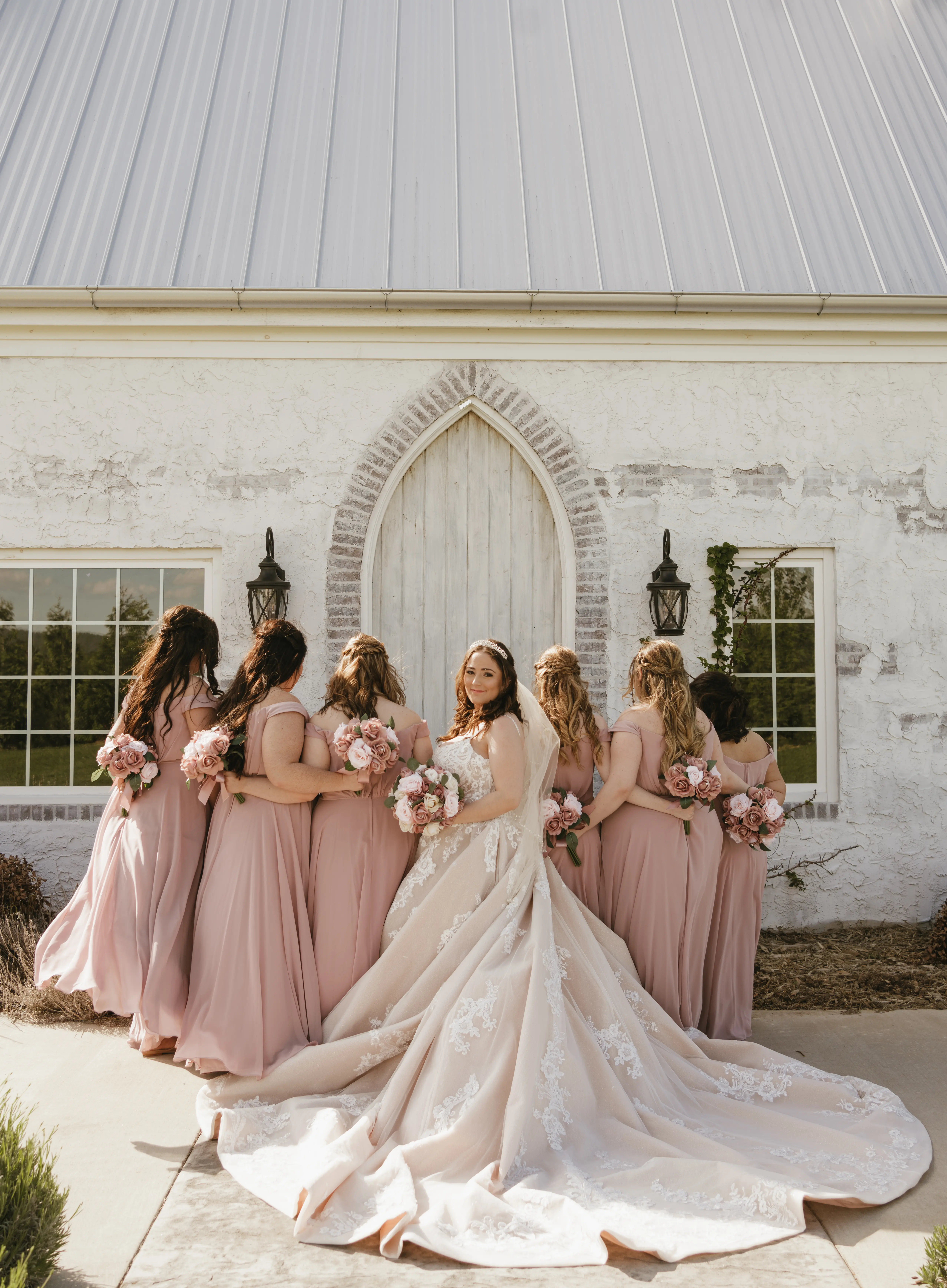 Bride In Ivory Ballgown Norvinia Sottero Midgley With Bridesmaids In Pink