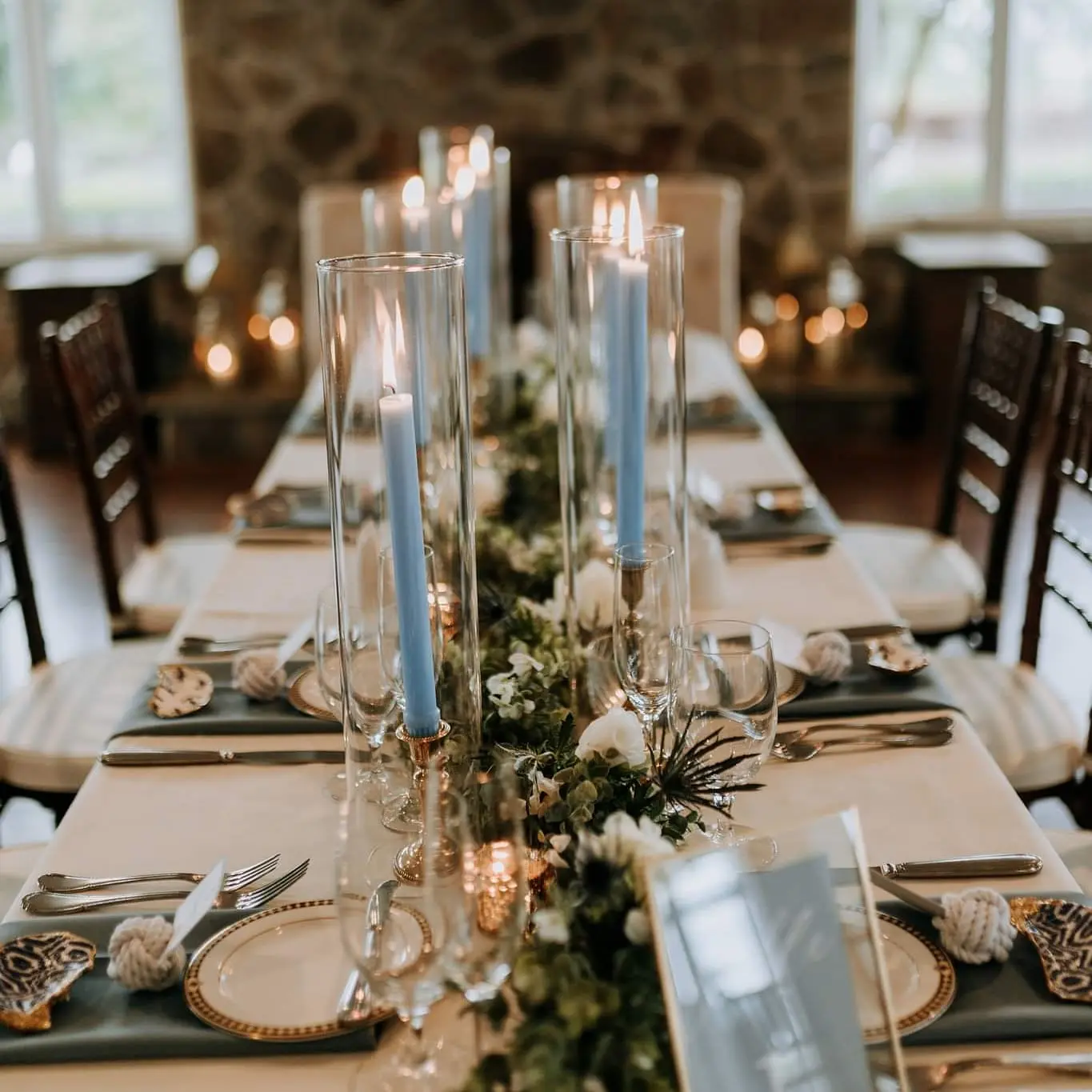 Blue Candles at a beach Table Setting for a Beach Wedding
