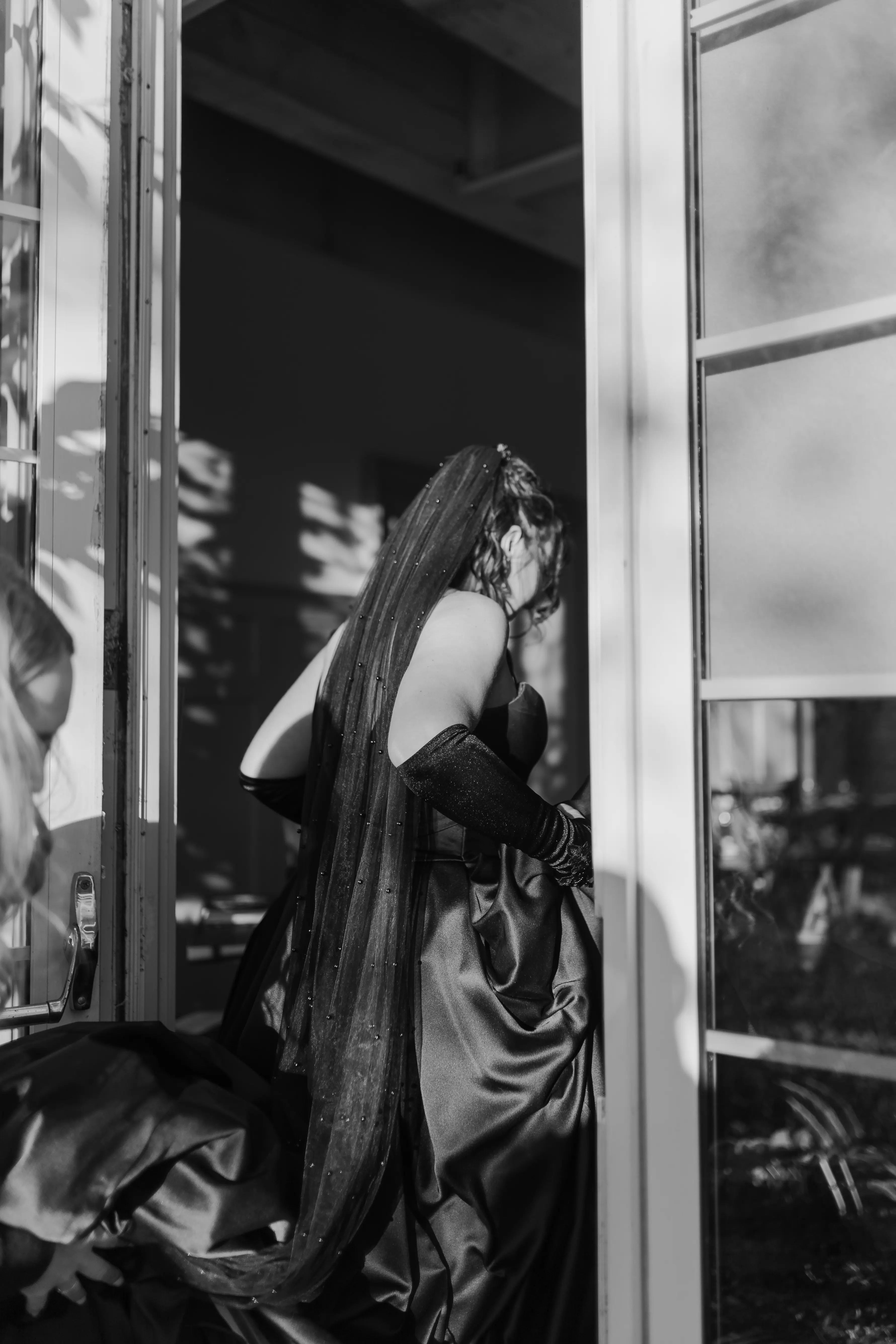 Bride Wearing Black Aline Wedding Dress Called Scarlet By Maggie Sottero With Black Sparkly Veil